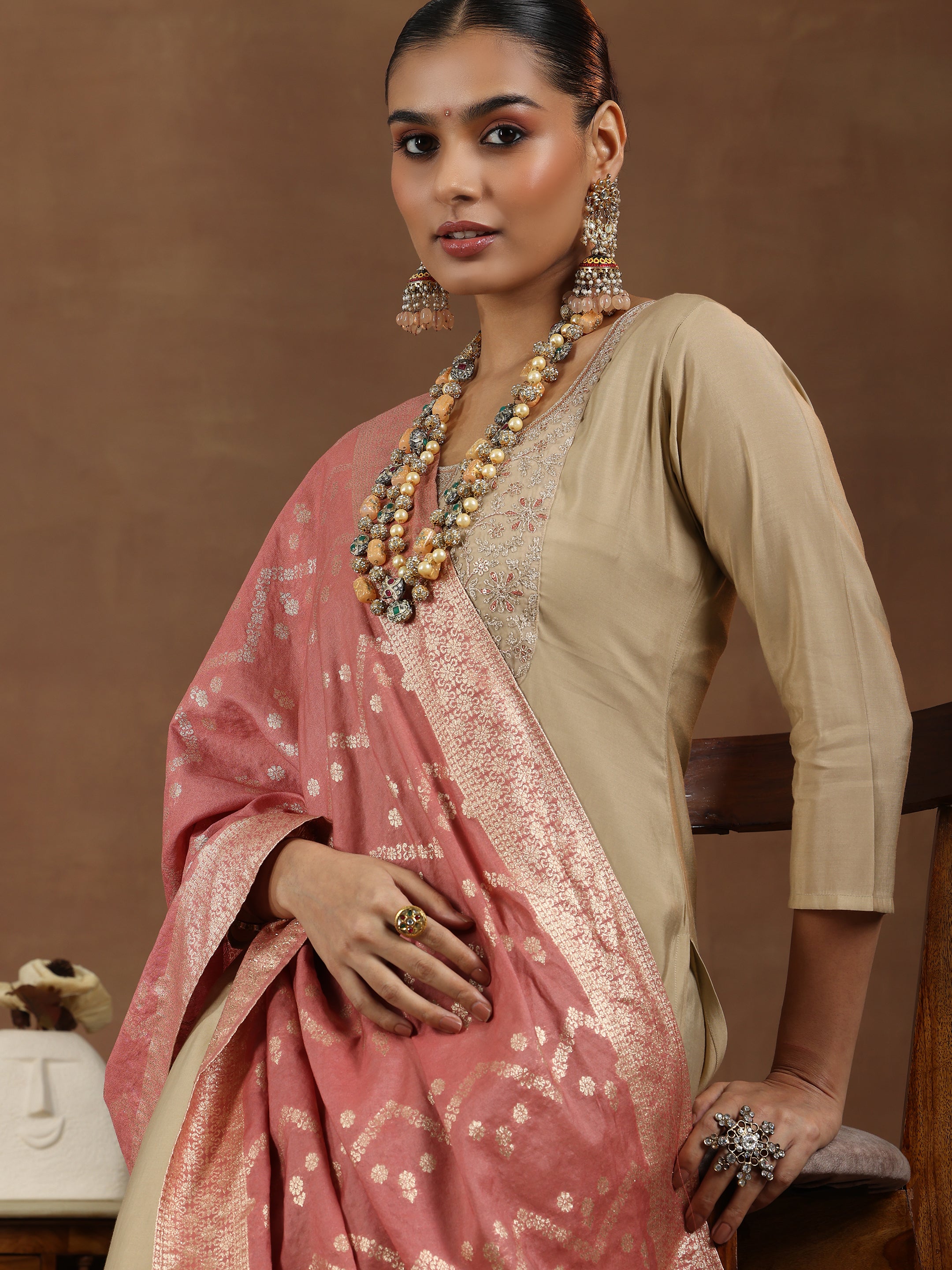 Beige Yoke Design Silk Blend Straight Suit With Dupatta