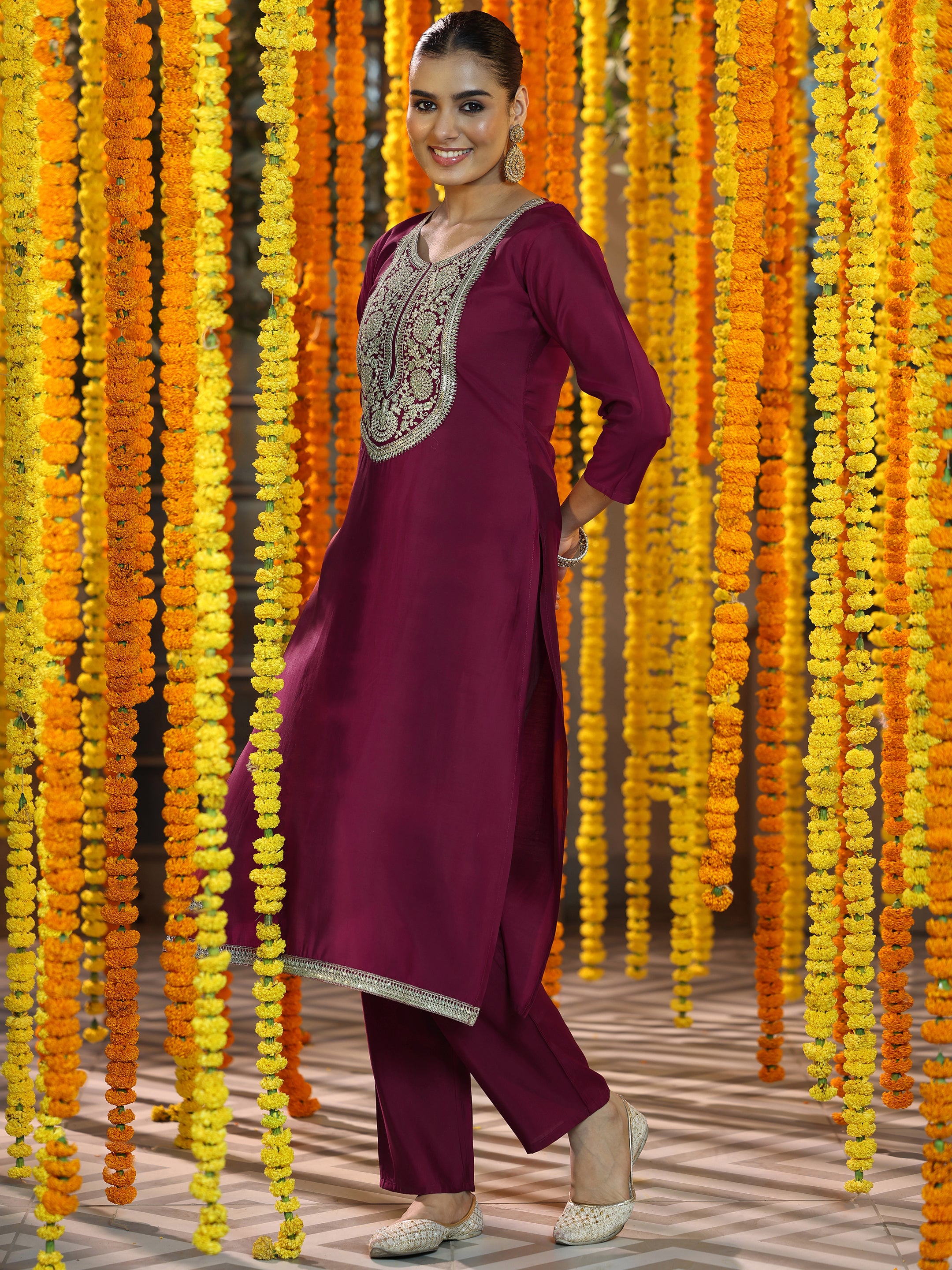 Maroon Yoke Design Silk Blend A-Line Kurta With Trousers & Dupatta