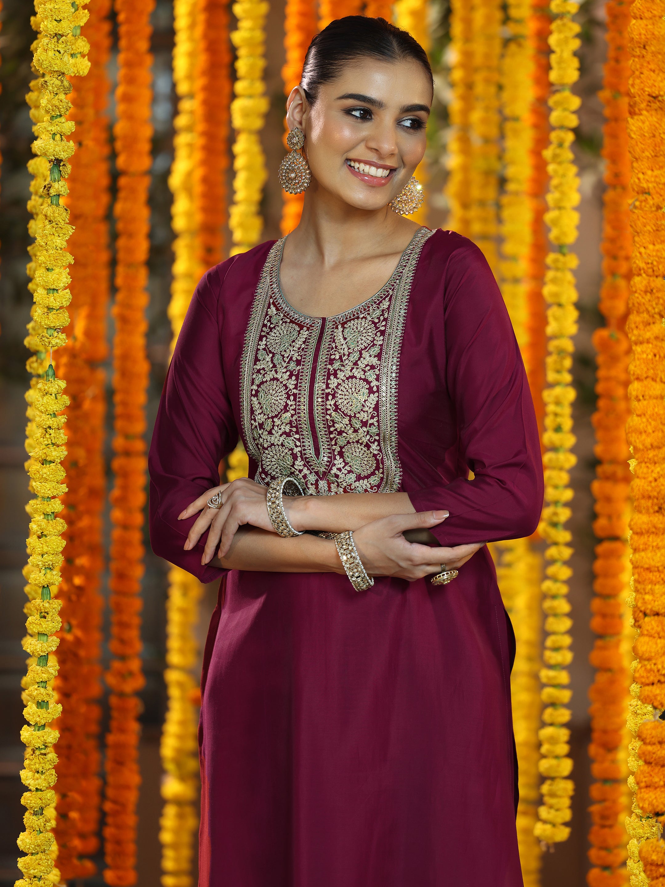 Maroon Yoke Design Silk Blend A-Line Kurta With Trousers & Dupatta