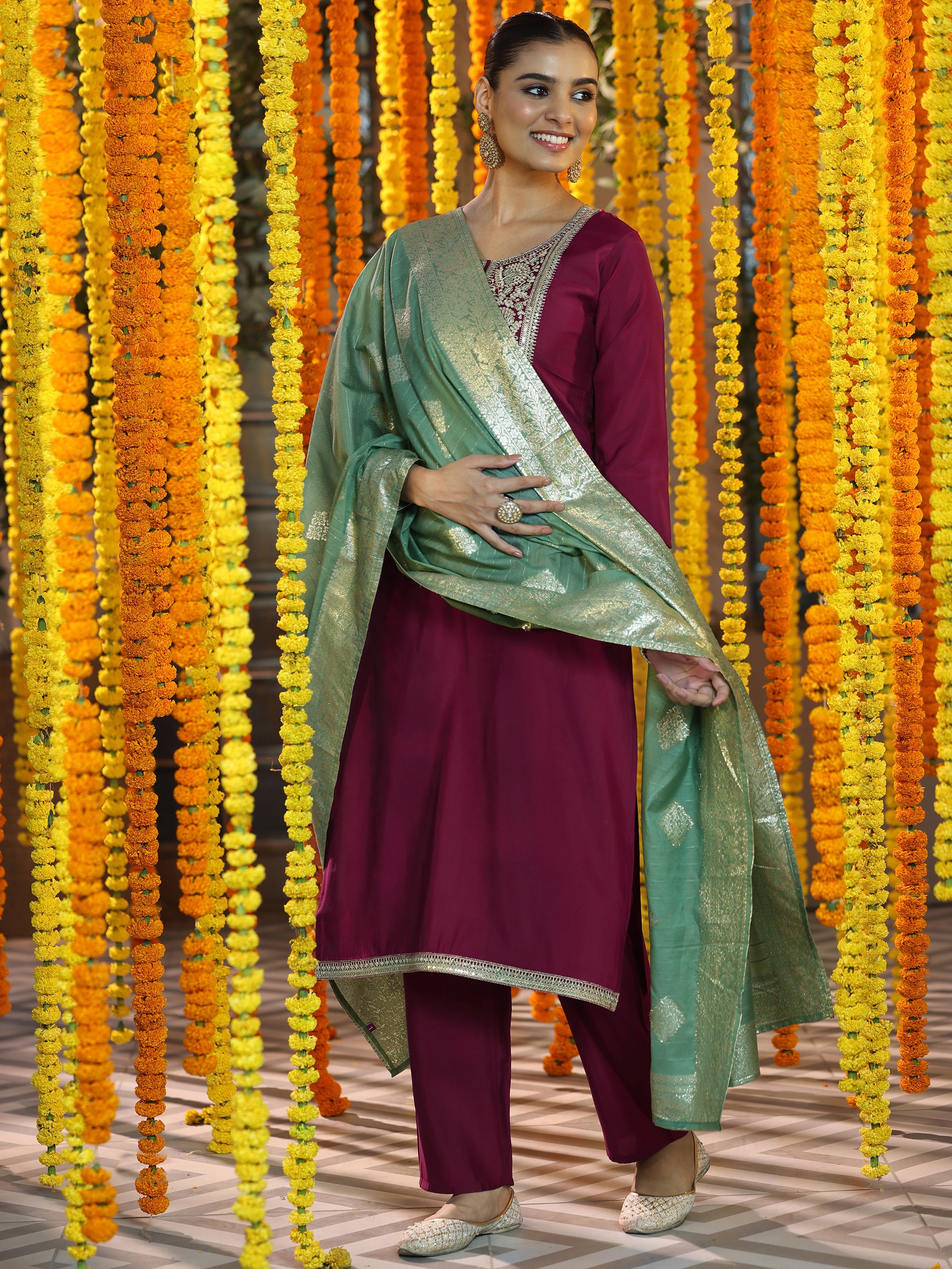 Maroon Yoke Design Silk Blend A-Line Kurta With Trousers & Dupatta