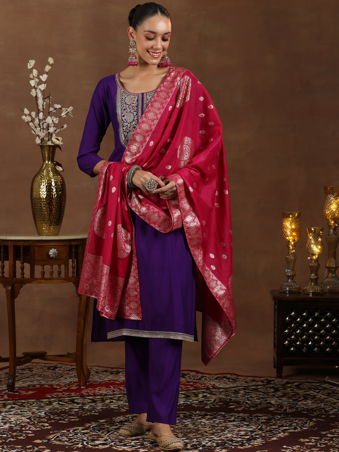 Purple Yoke Design Silk Blend Straight Suit With Dupatta