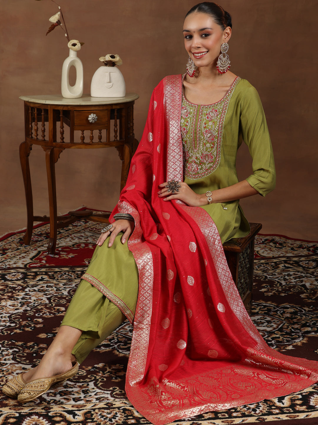 Green Yoke Design Silk Blend Straight Suit With Dupatta