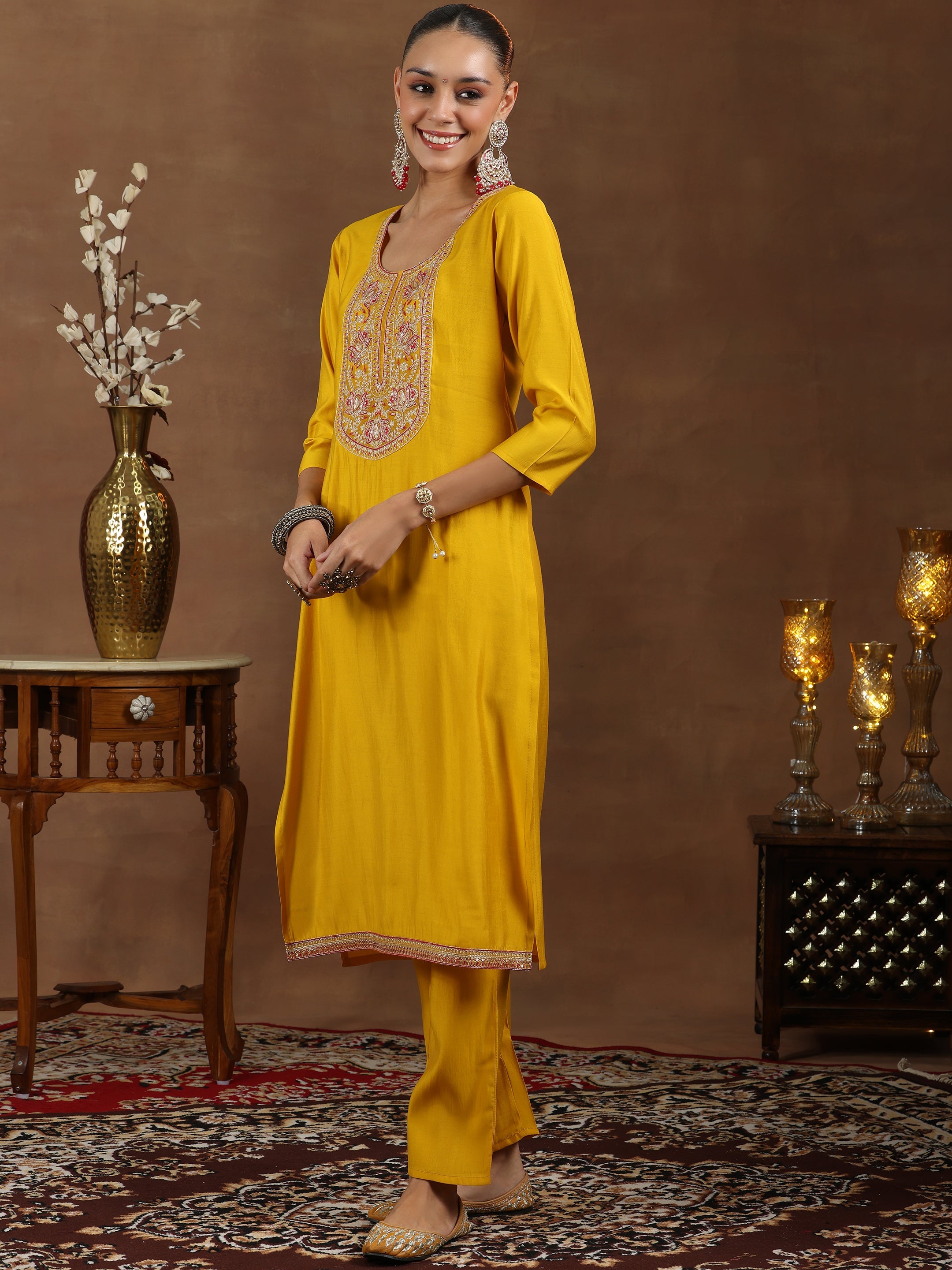 Mustard Yoke Design Silk Blend Straight Suit With Dupatta