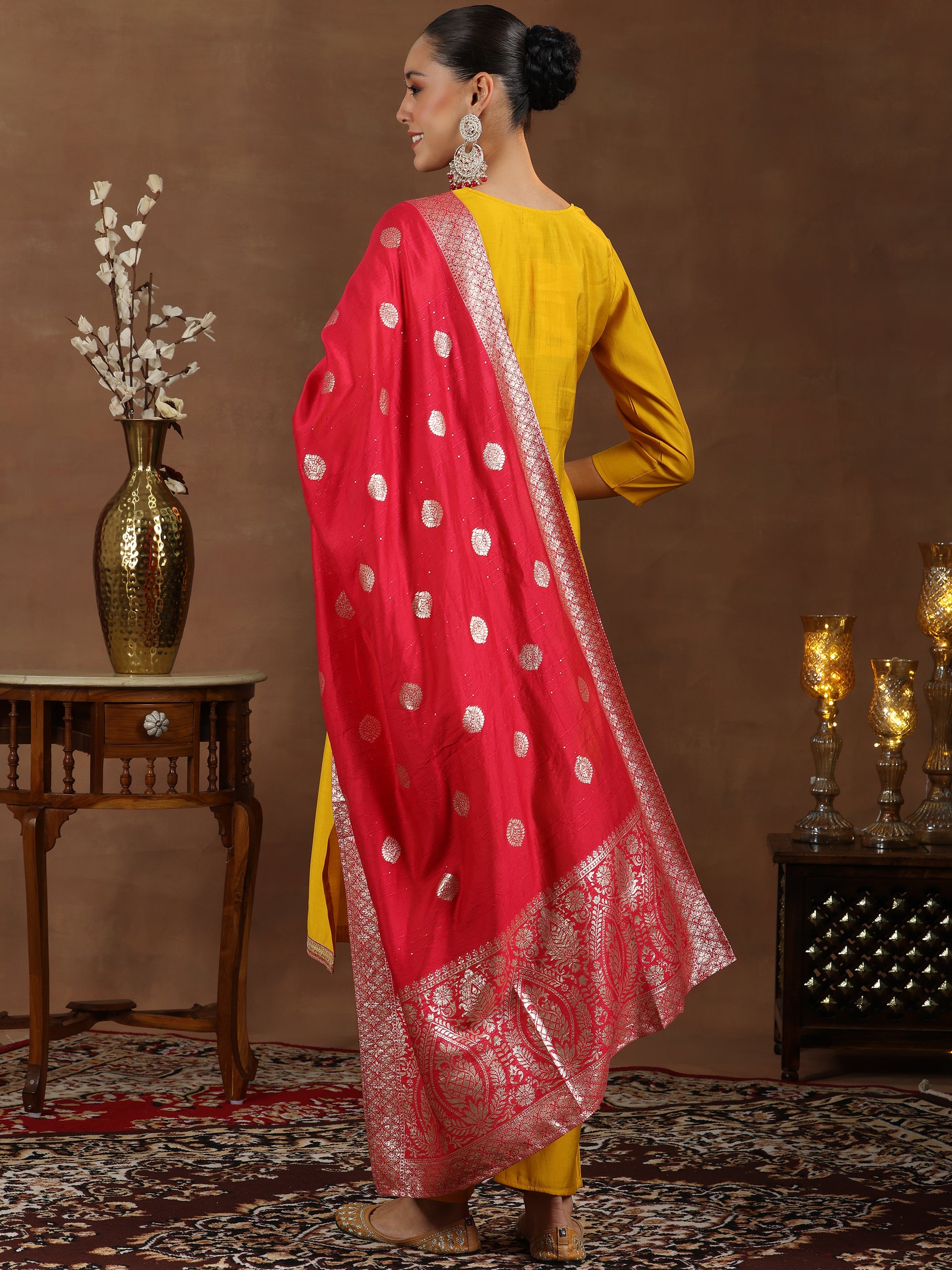 Mustard Yoke Design Silk Blend Straight Suit With Dupatta