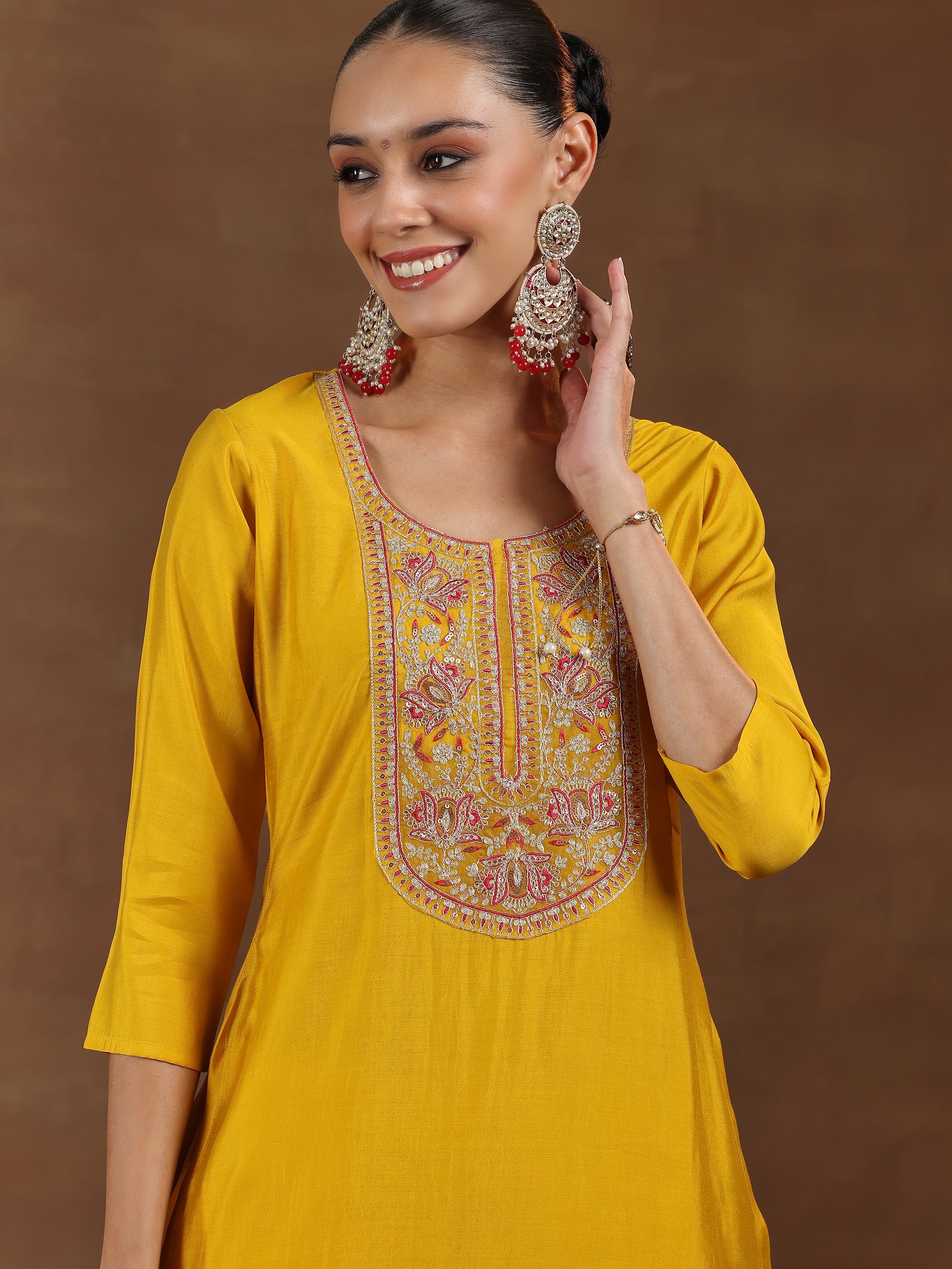 Mustard Yoke Design Silk Blend Straight Suit With Dupatta