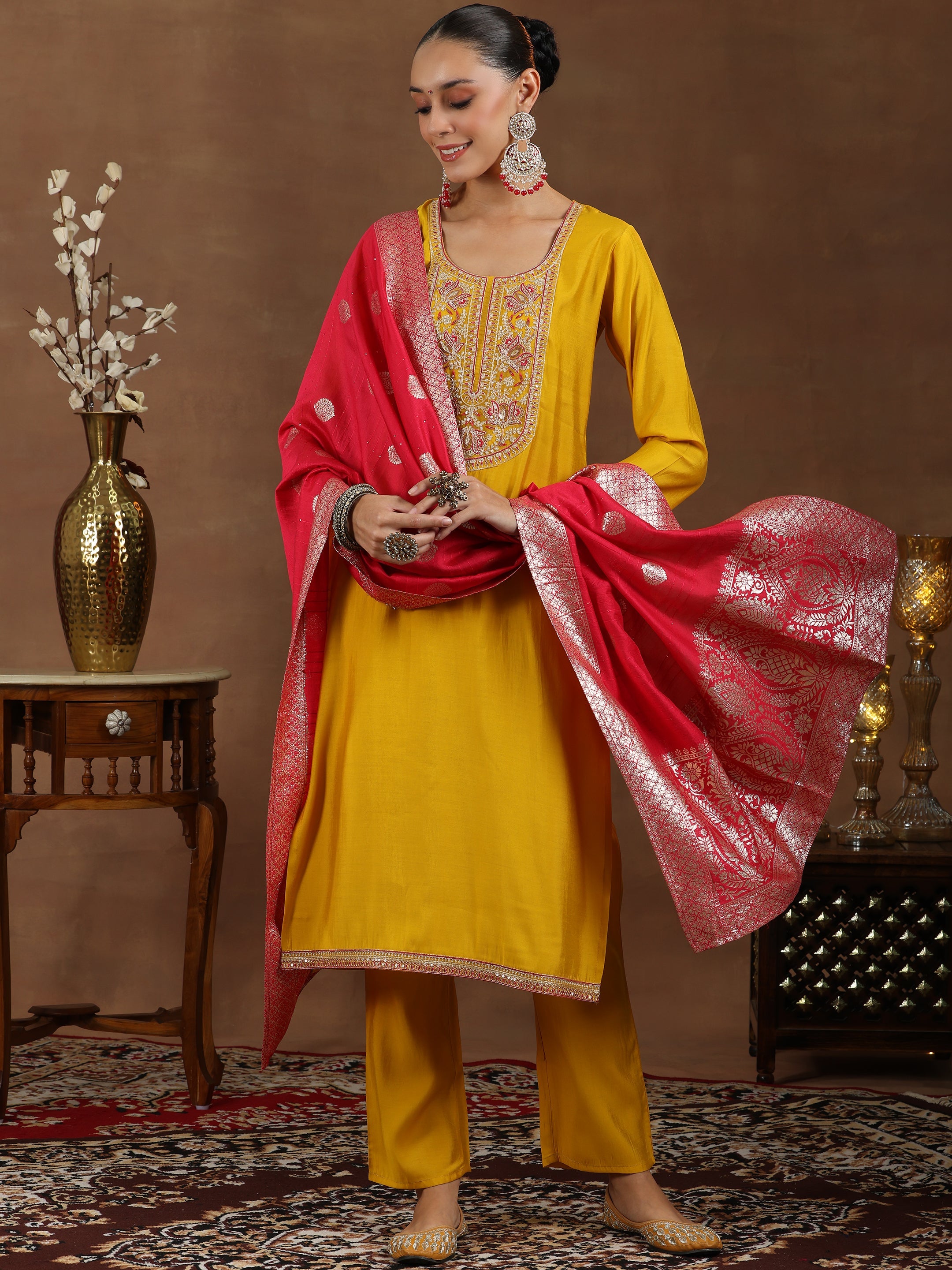 Mustard Yoke Design Silk Blend Straight Suit With Dupatta