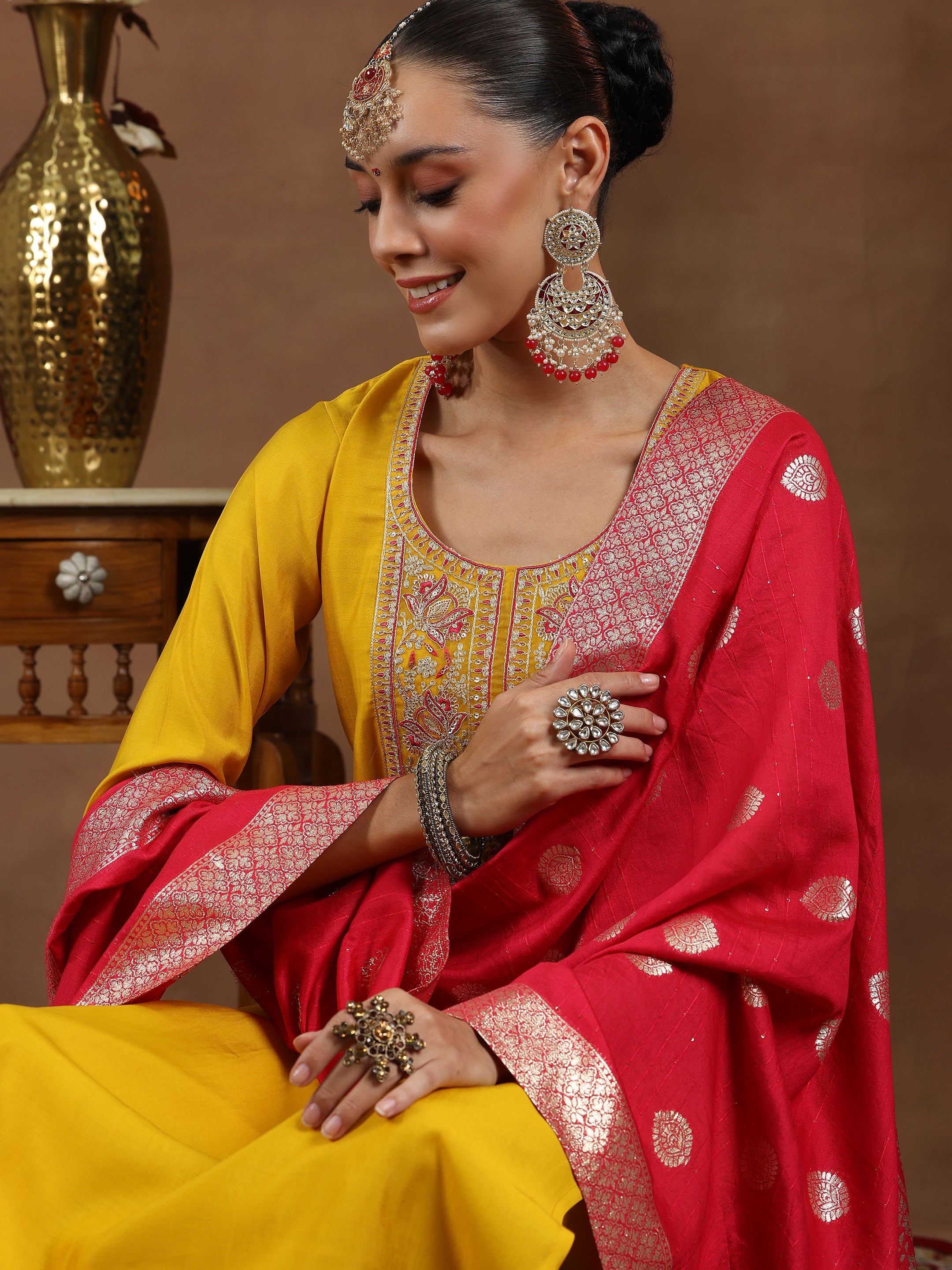 Mustard Yoke Design Silk Blend Straight Suit With Dupatta