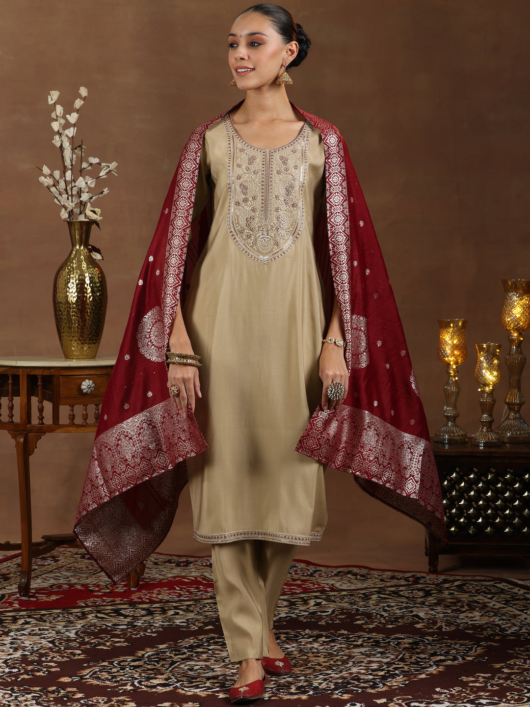 Beige Yoke Design Silk Blend Straight Suit With Dupatta