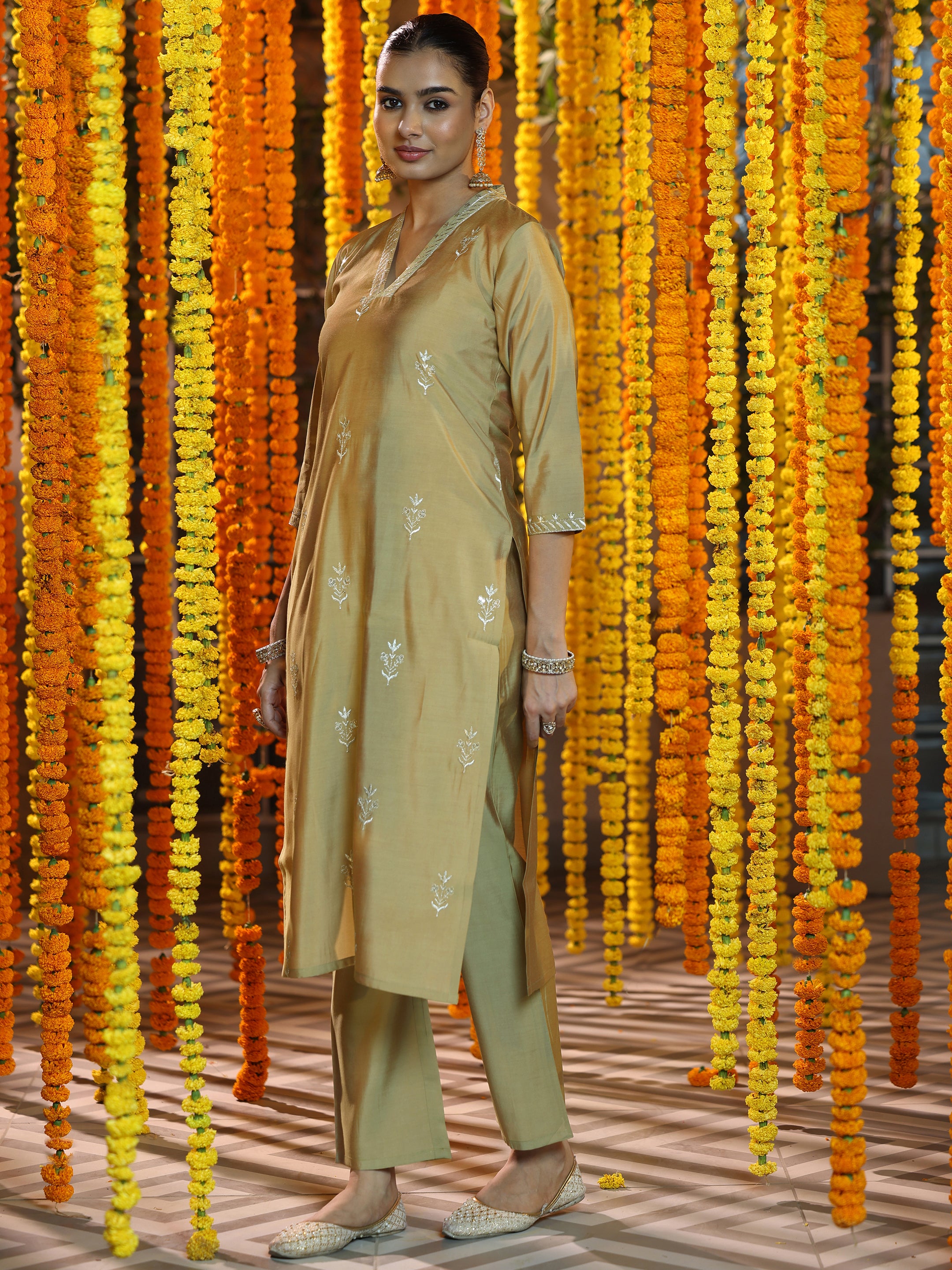 Golden Embroidered Silk Blend Straight Suit With Dupatta