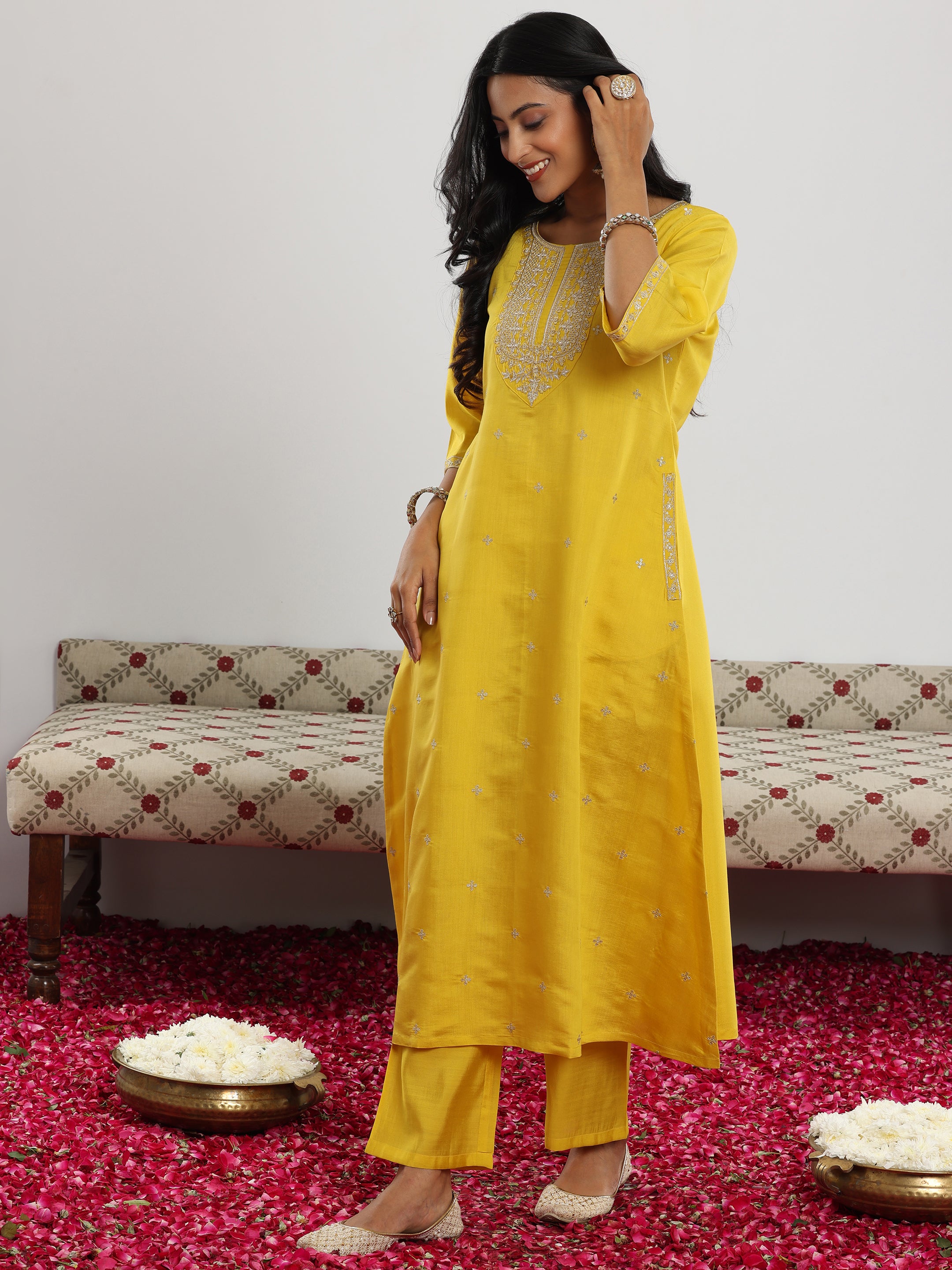 Yellow Embroidered Silk Blend Straight Suit With Dupatta