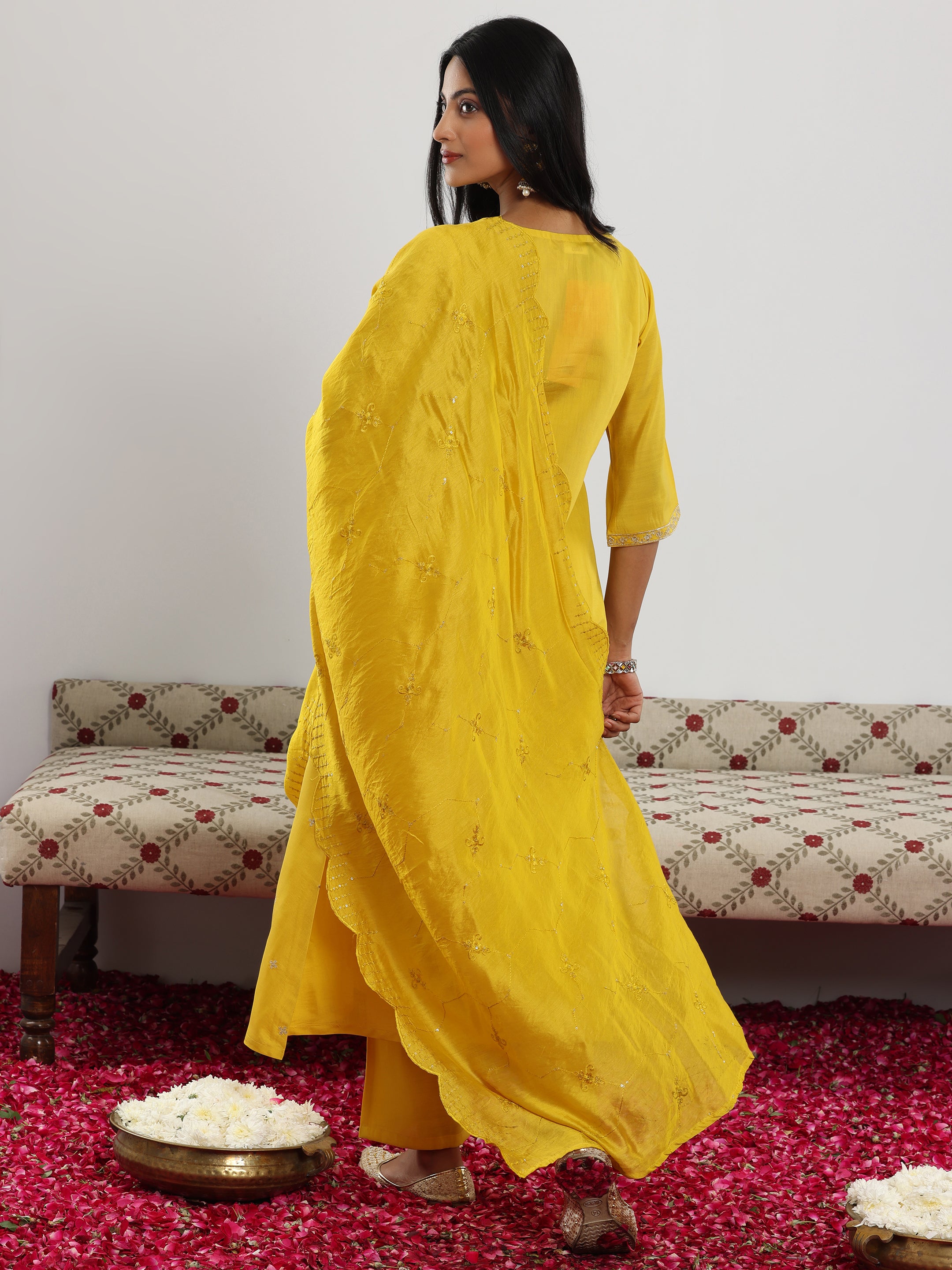 Yellow Embroidered Silk Blend Straight Suit With Dupatta