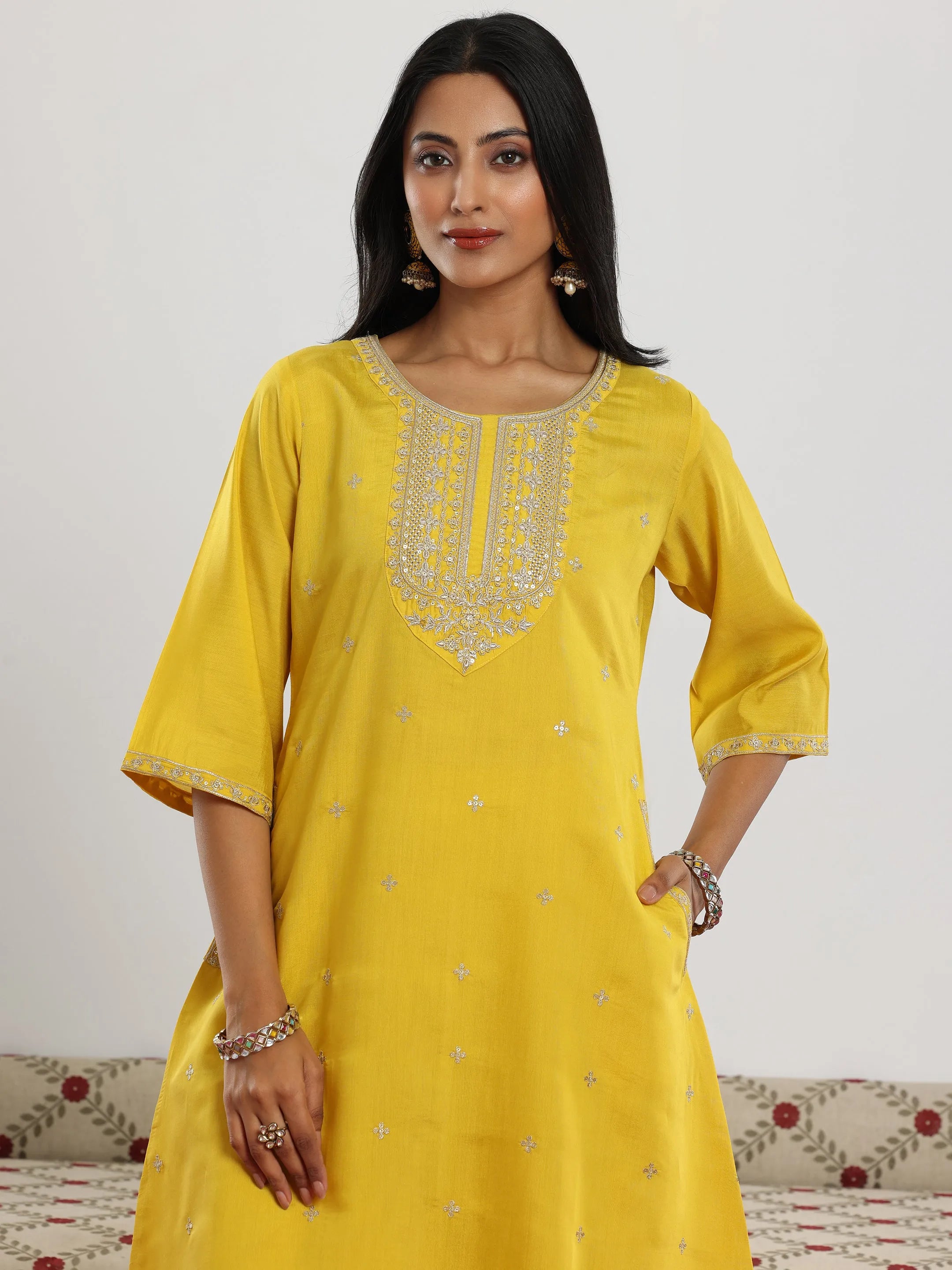 Yellow Embroidered Silk Blend Straight Suit With Dupatta