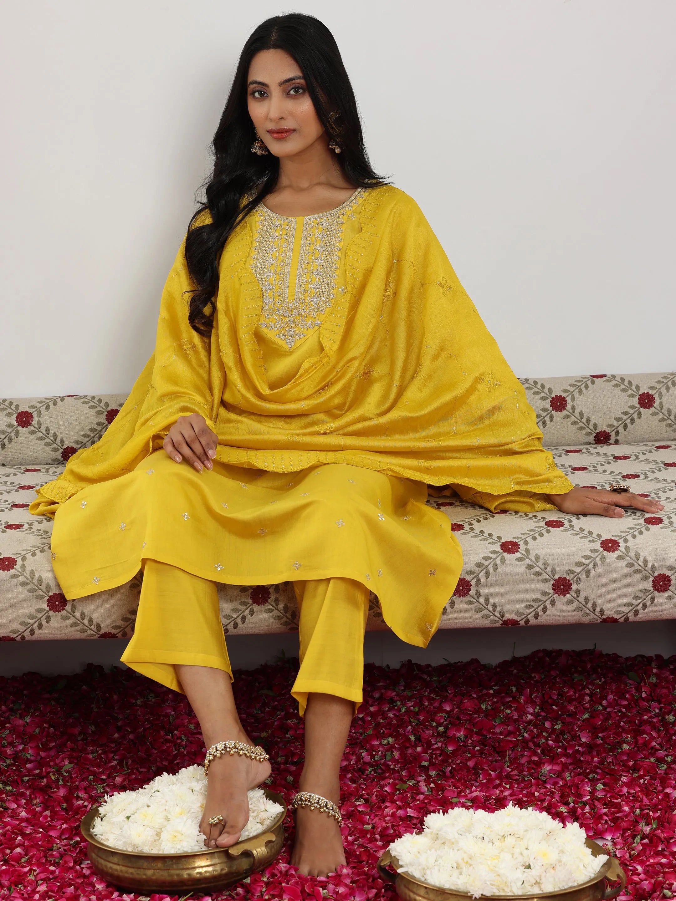 Yellow Embroidered Silk Blend Straight Suit With Dupatta