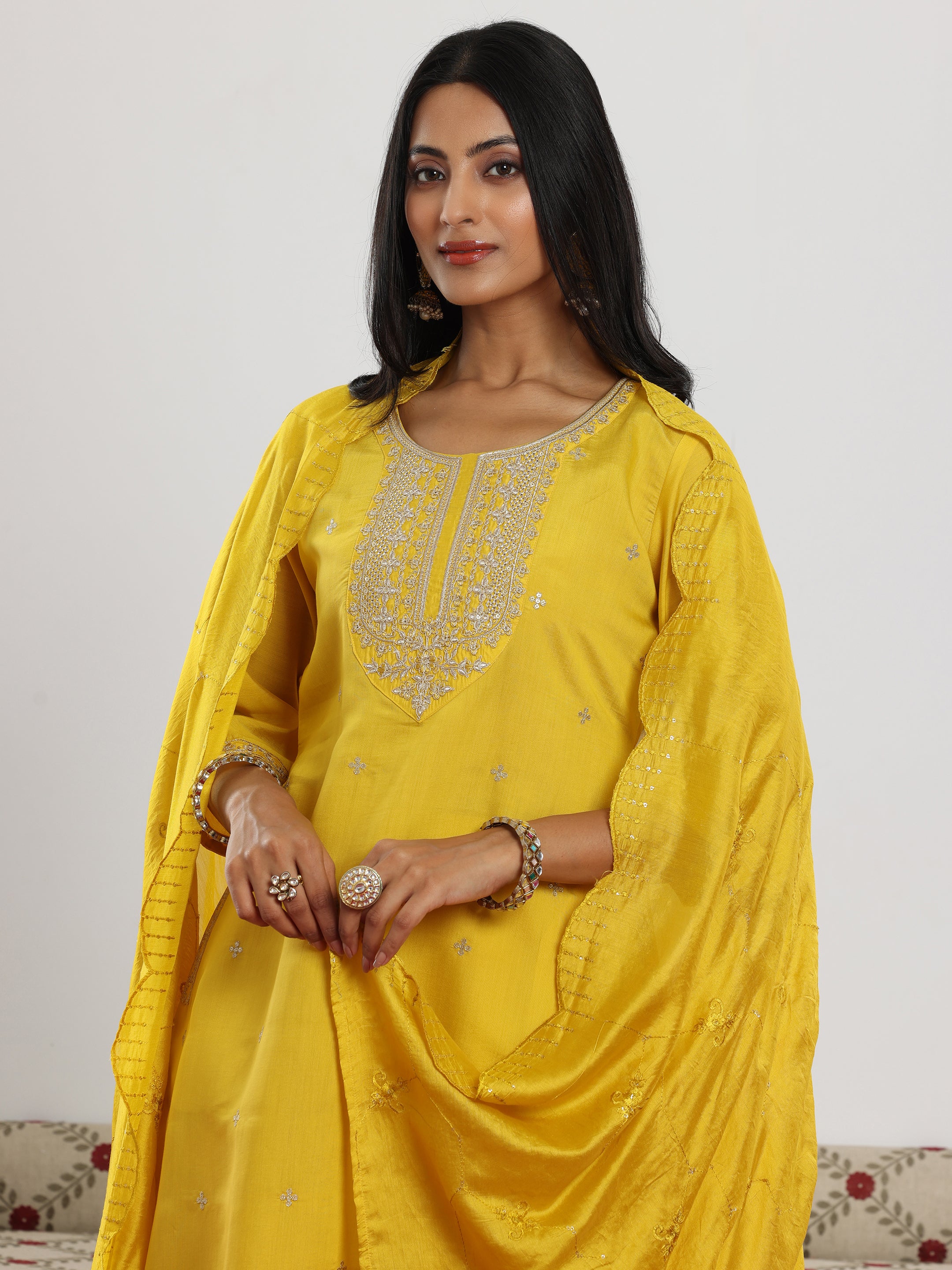 Yellow Embroidered Silk Blend Straight Suit With Dupatta