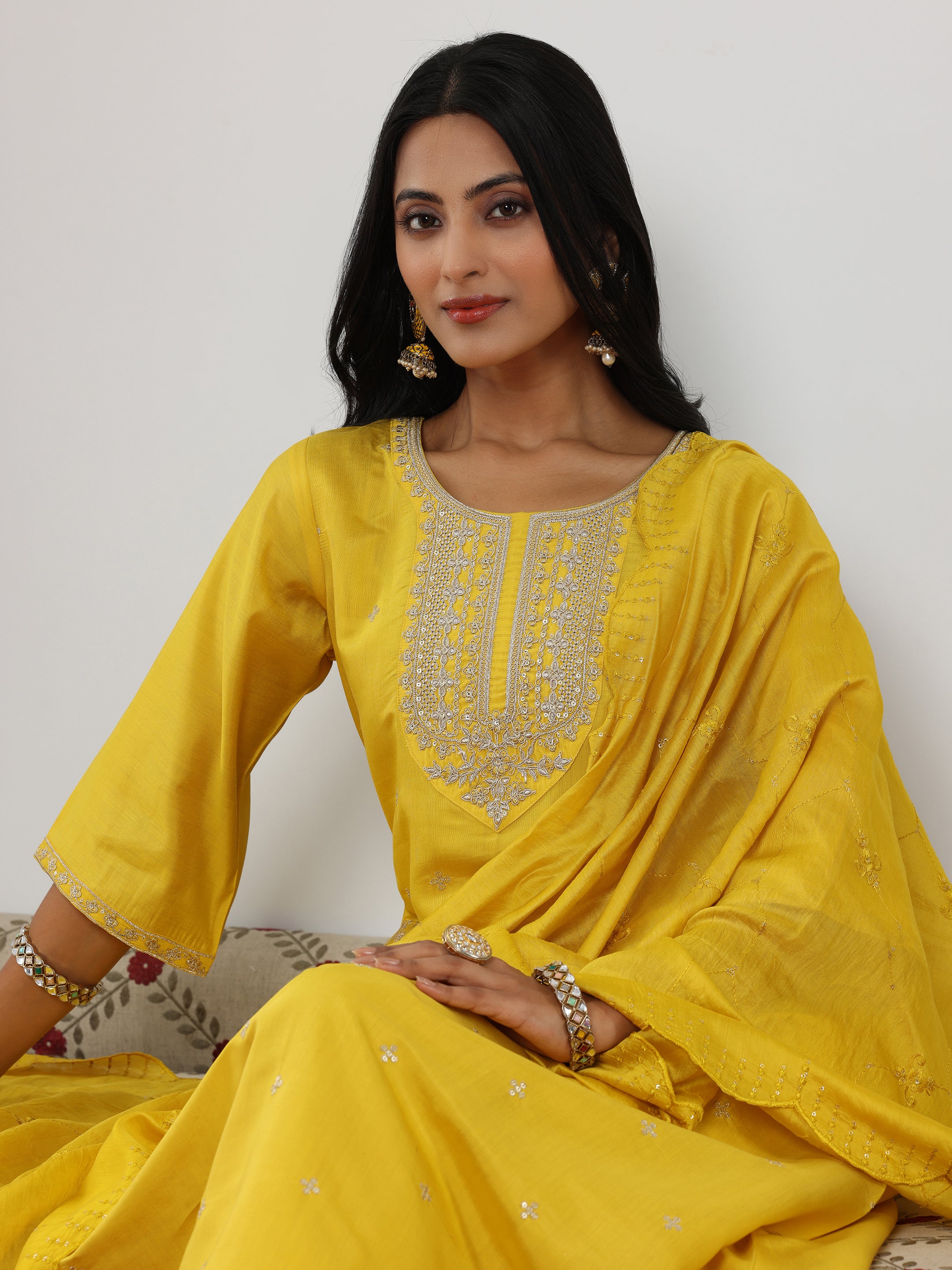 Yellow Embroidered Silk Blend Straight Suit With Dupatta