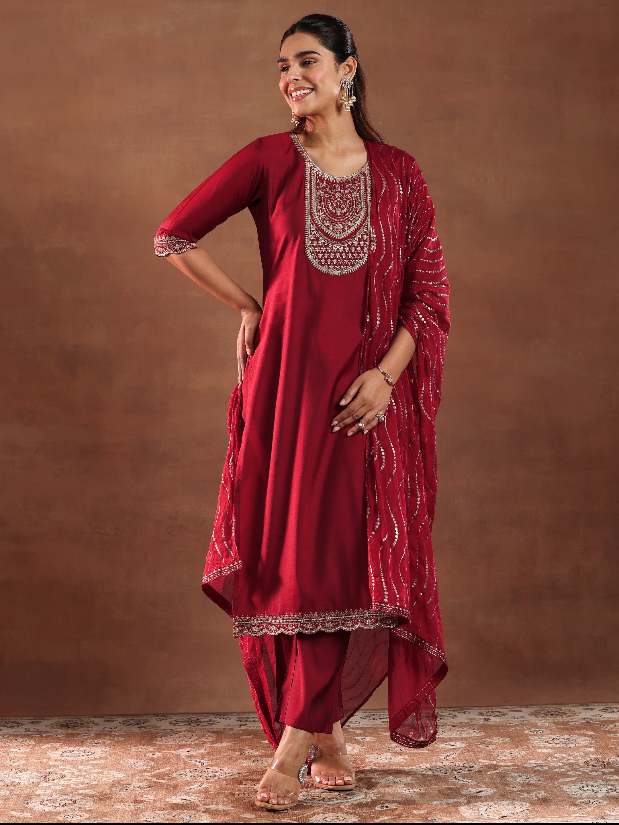 Red Yoke Design Silk Blend Straight Suit With Dupatta-Rejected