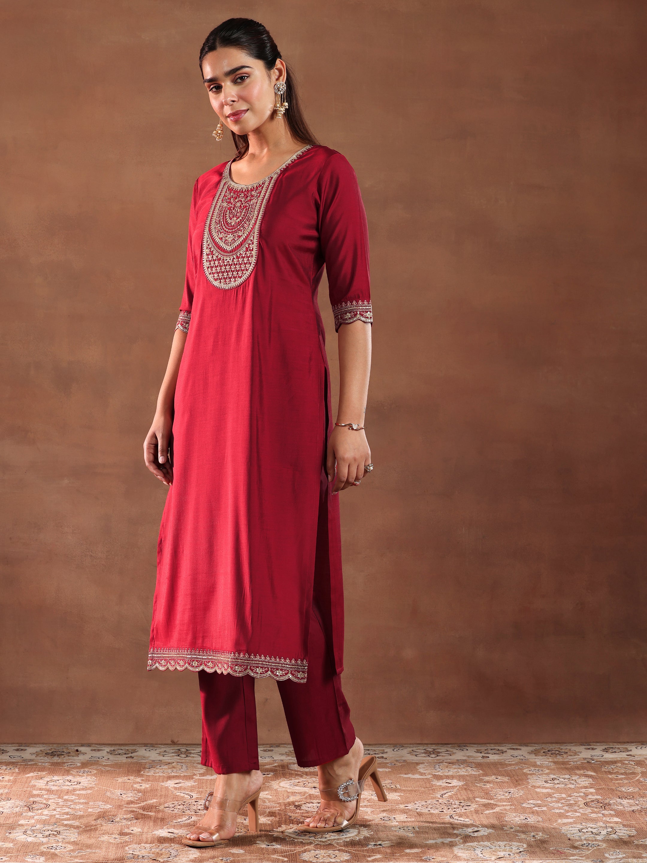 Red Yoke Design Silk Blend Straight Suit With Dupatta-Rejected