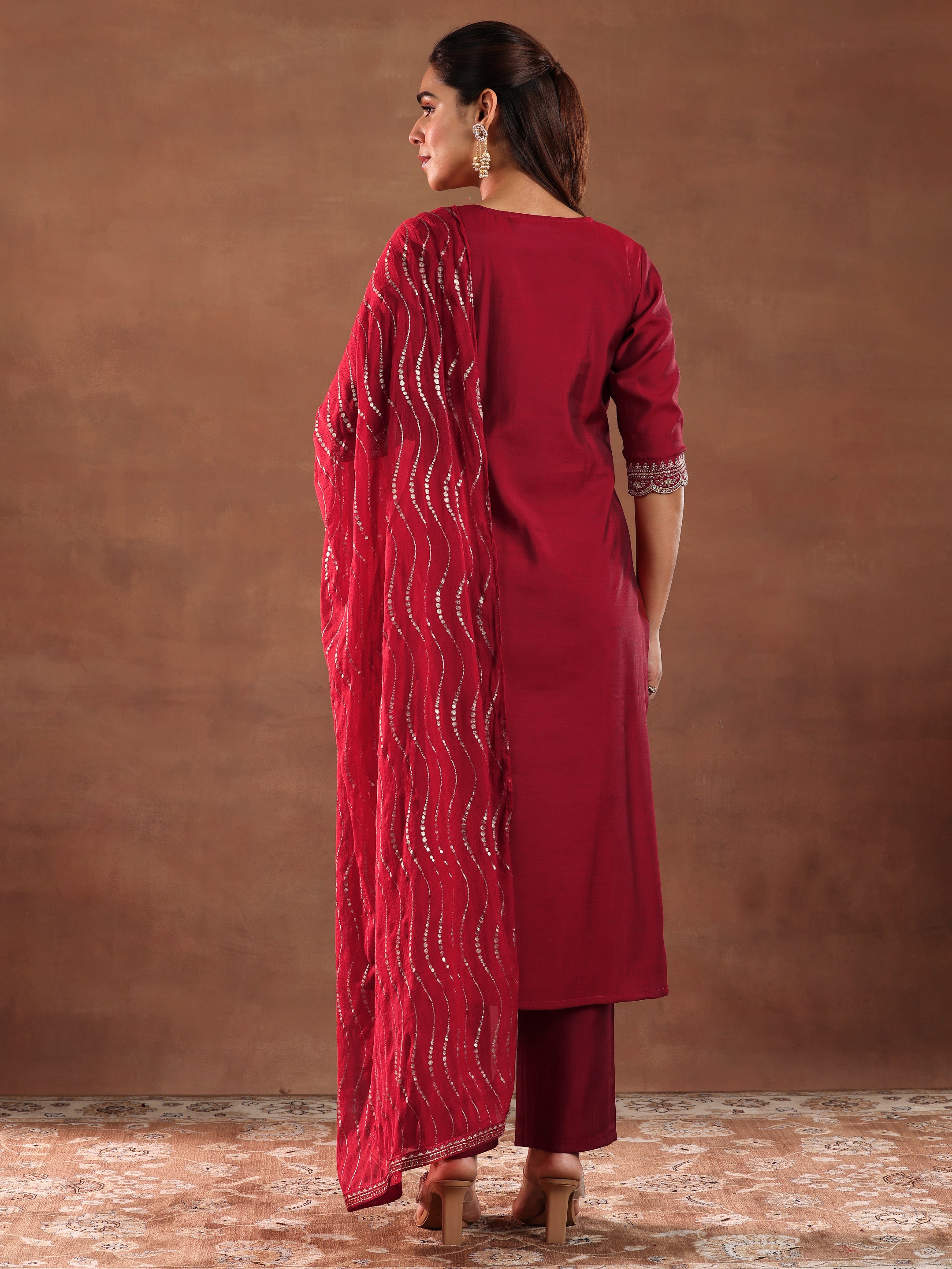 Red Yoke Design Silk Blend Straight Suit With Dupatta-Rejected