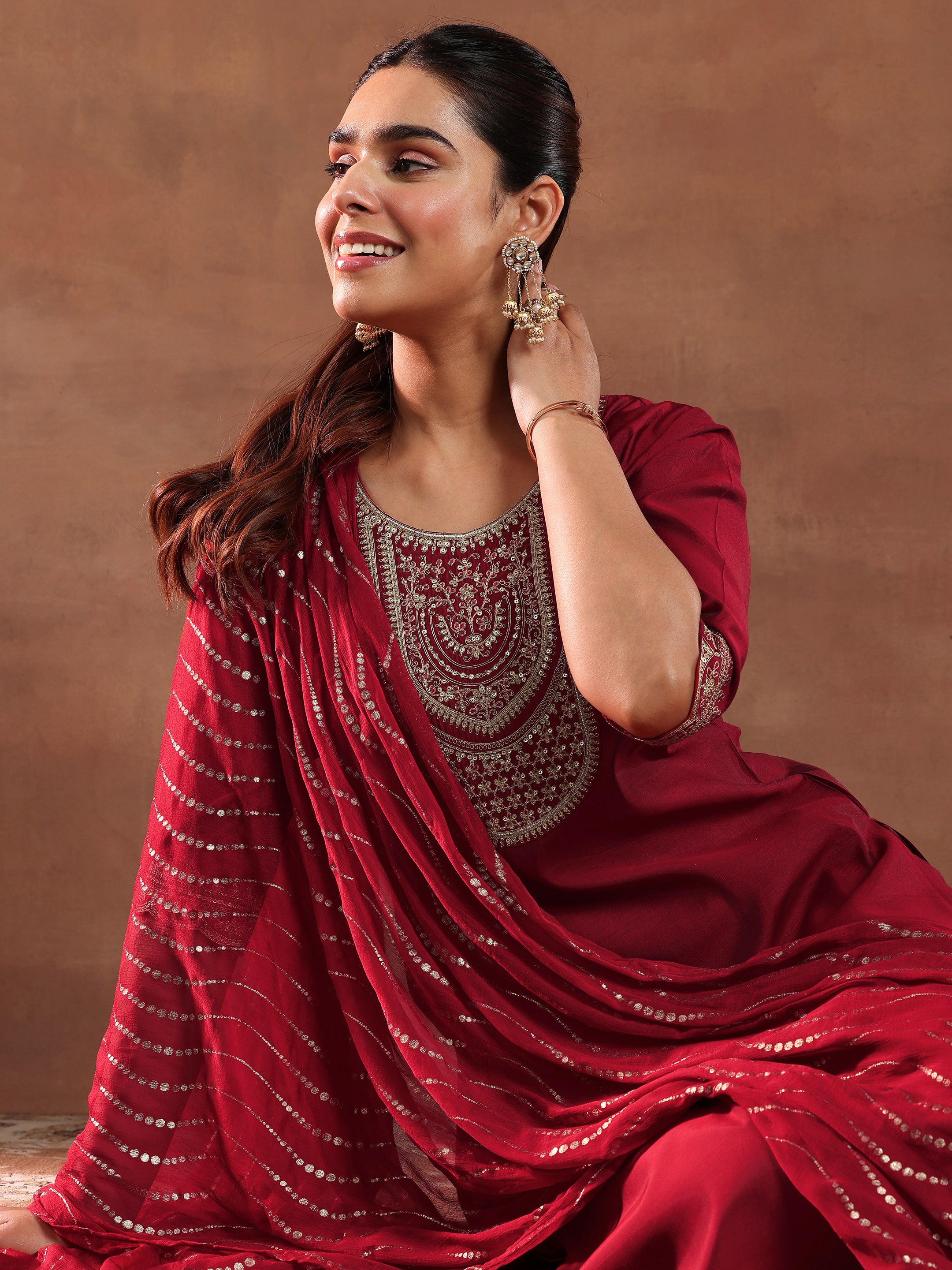 Red Yoke Design Silk Blend Straight Suit With Dupatta-Rejected