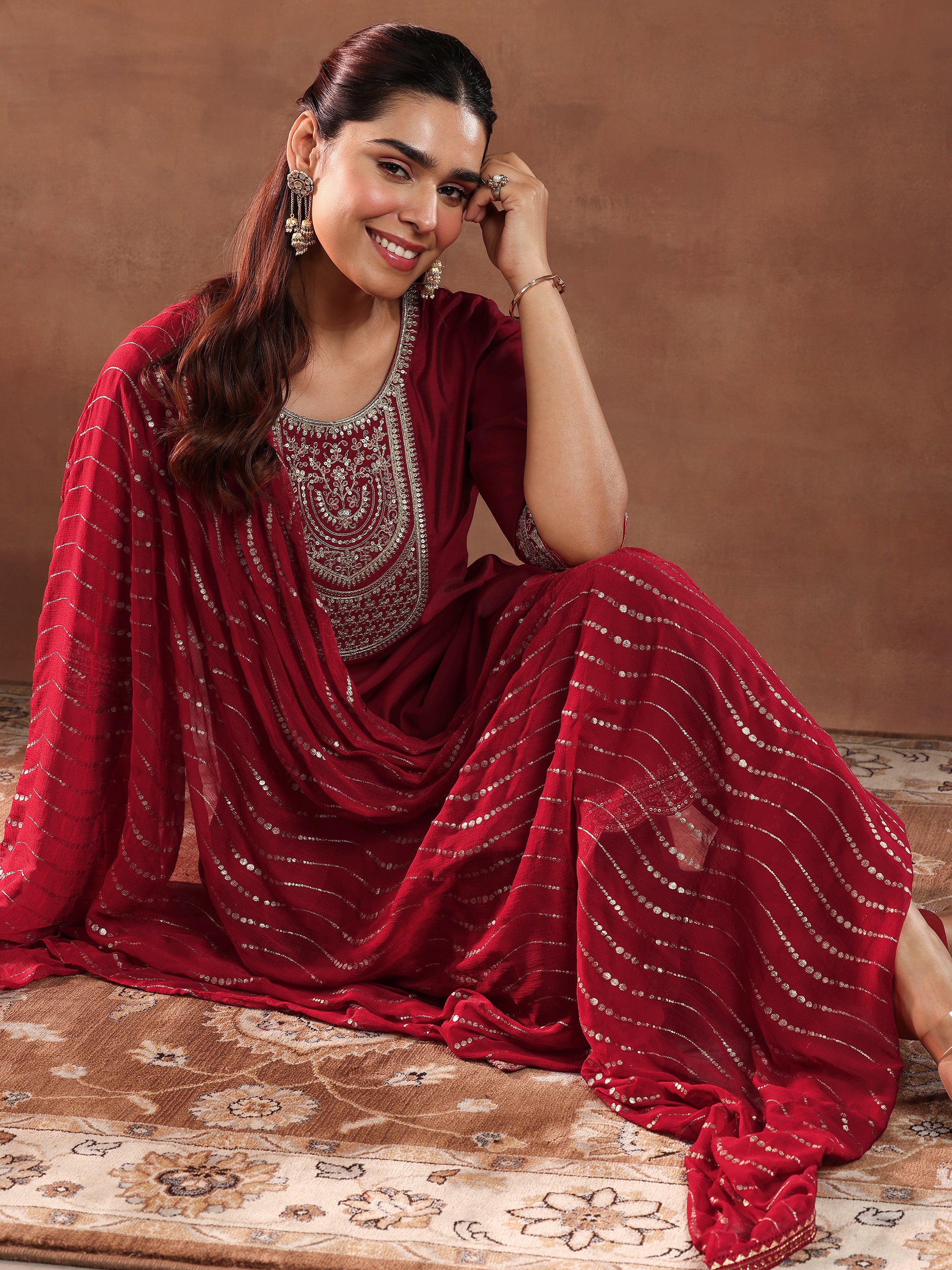 Red Yoke Design Silk Blend Straight Suit With Dupatta-Rejected