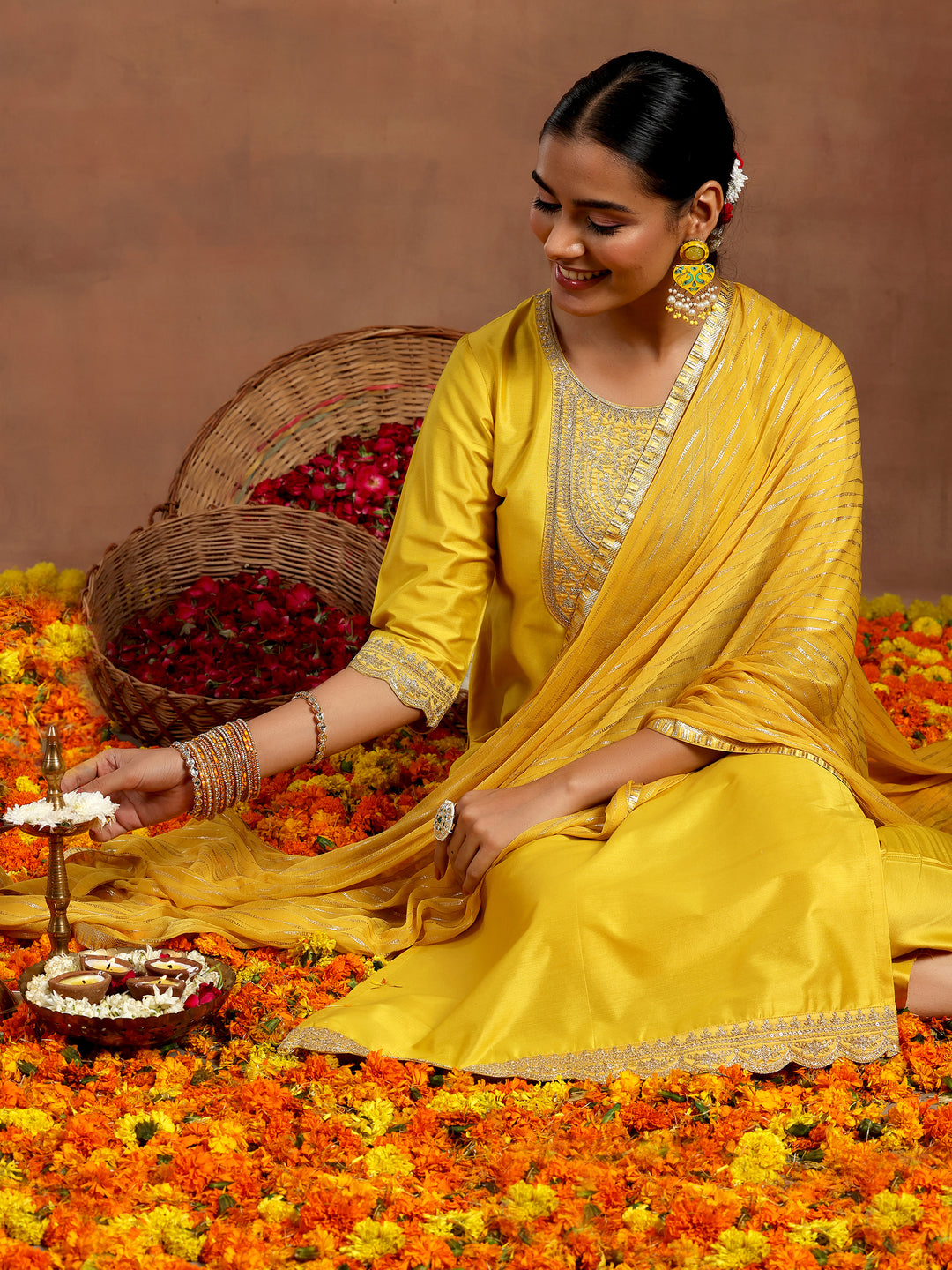 Yellow Yoke Design Silk Blend Straight Suit With Dupatta