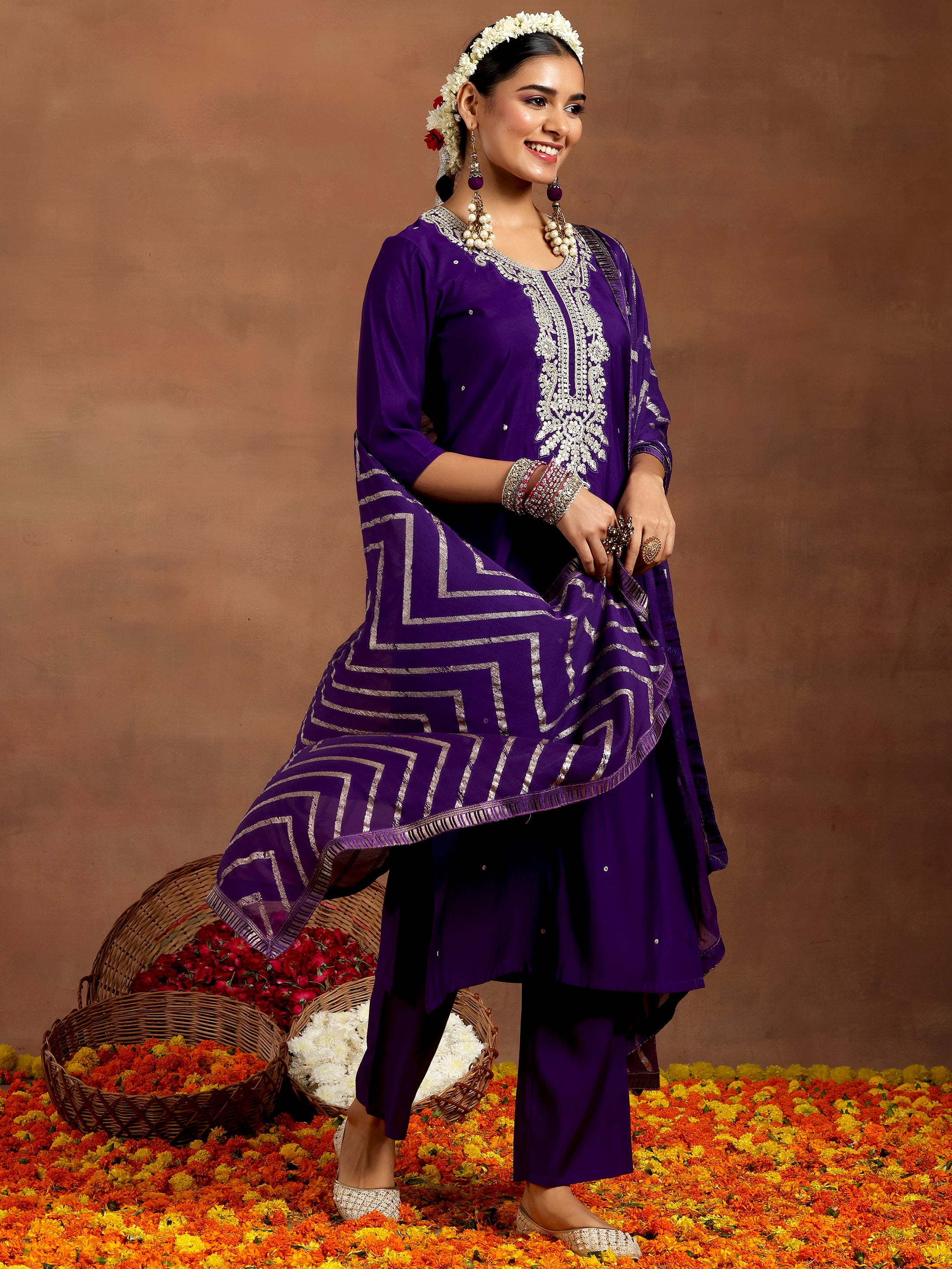 Purple Embroidered Silk Blend Straight Suit With Dupatta