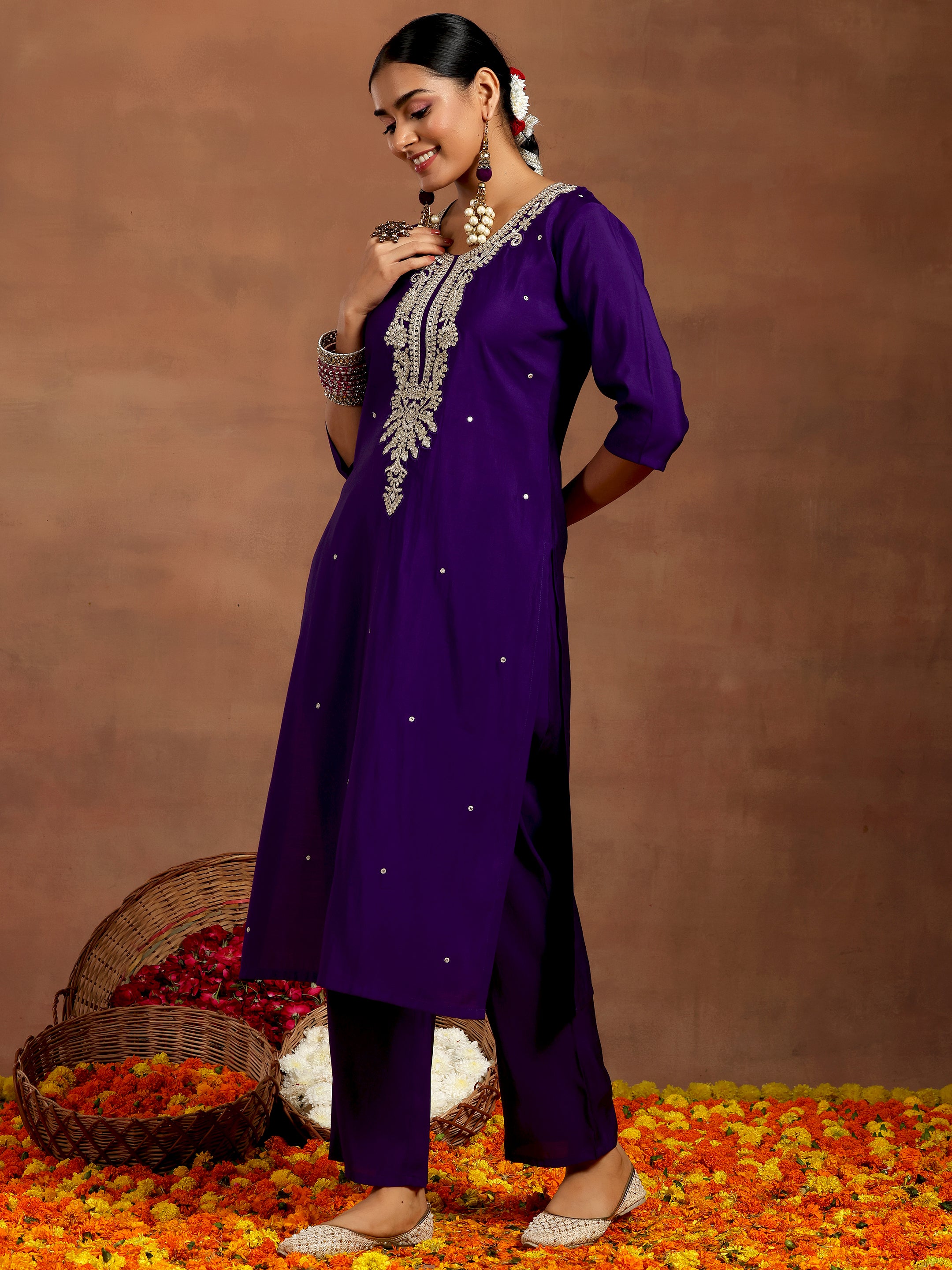 Purple Embroidered Silk Blend Straight Suit With Dupatta