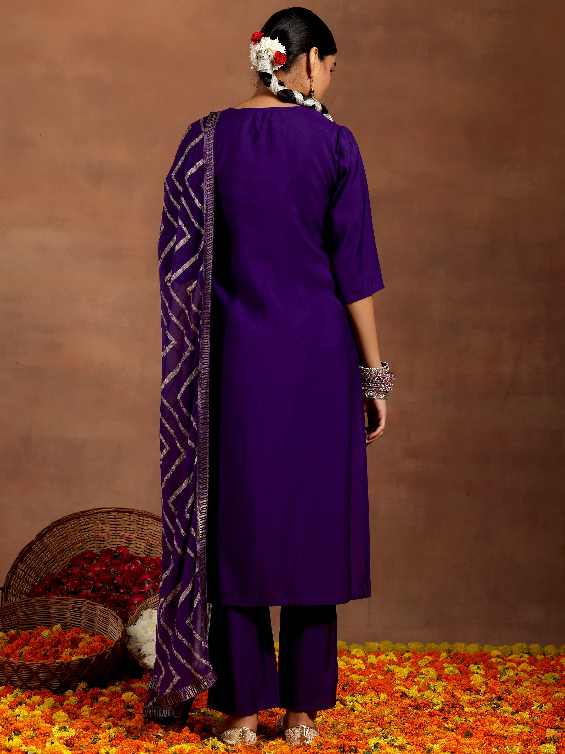 Purple Embroidered Silk Blend Straight Suit With Dupatta