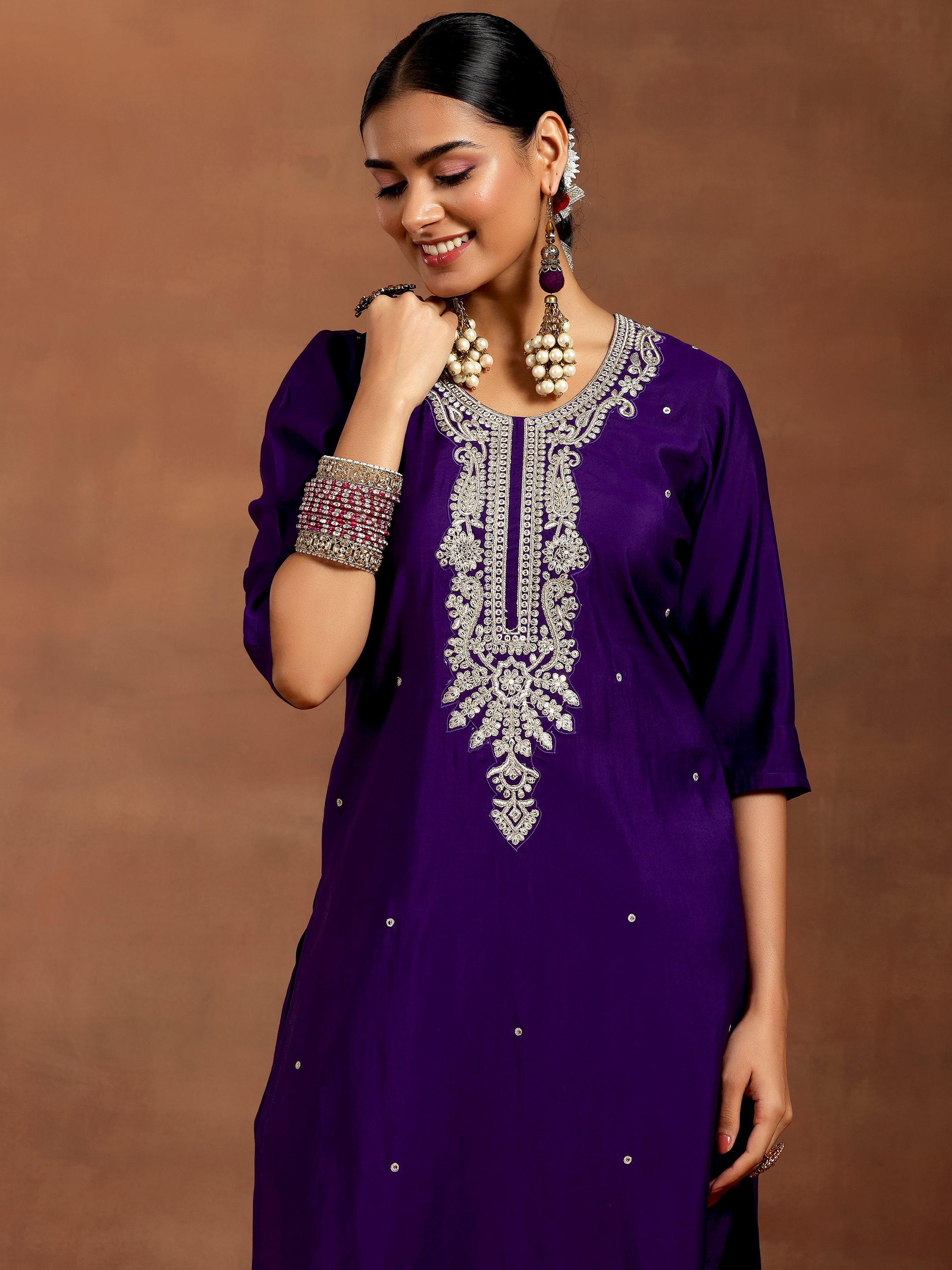 Purple Embroidered Silk Blend Straight Suit With Dupatta