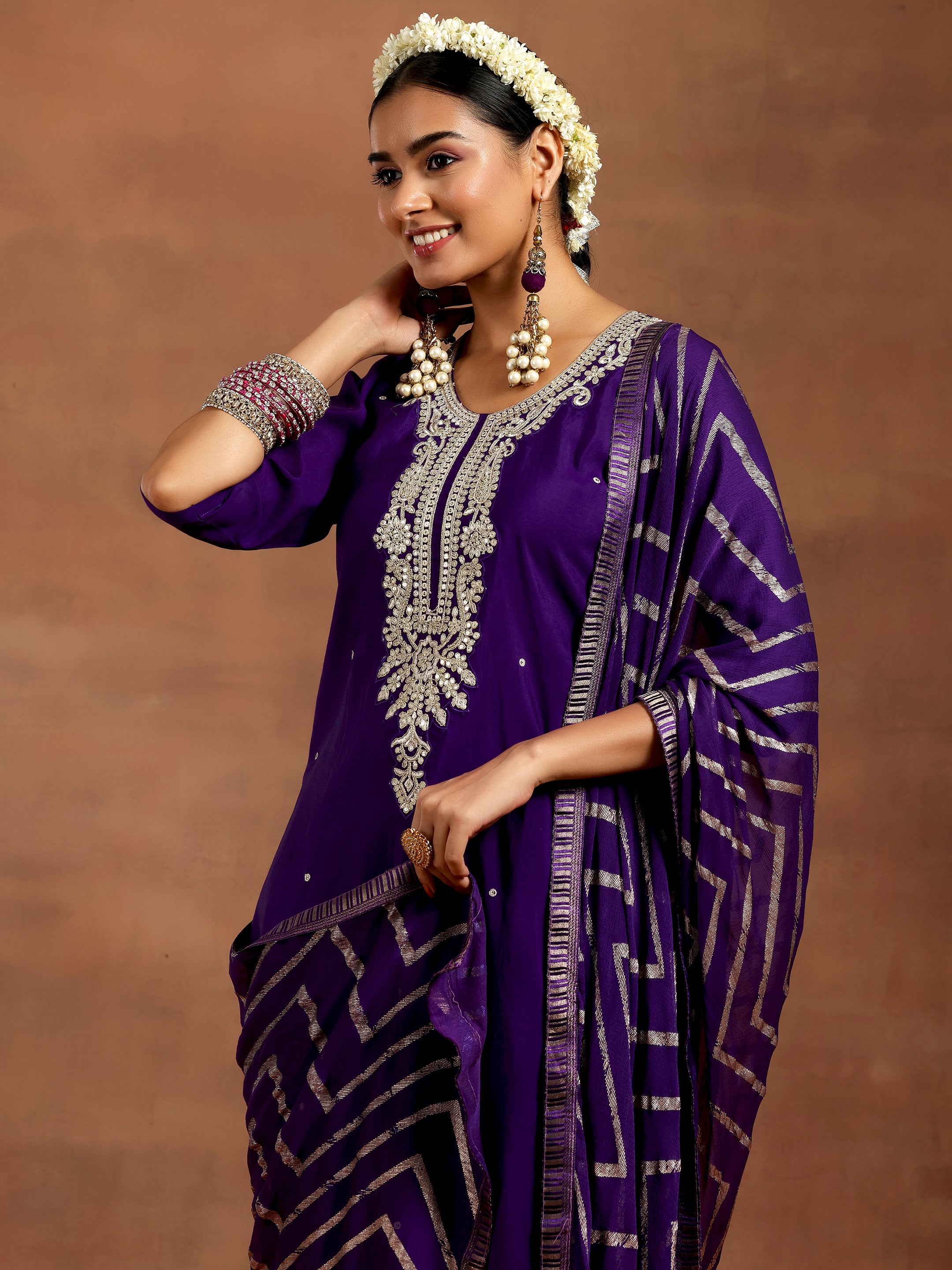 Purple Embroidered Silk Blend Straight Suit With Dupatta