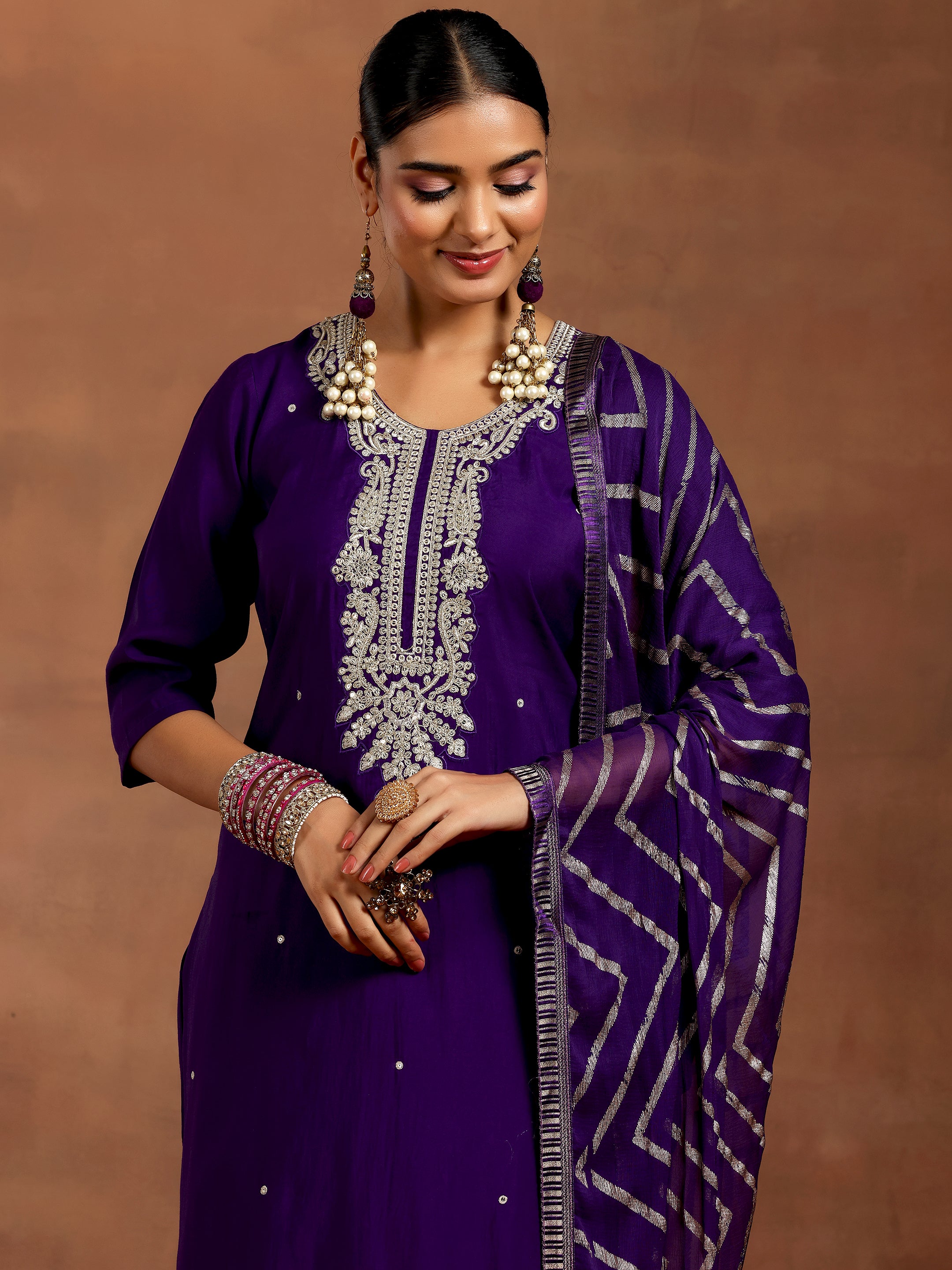 Purple Embroidered Silk Blend Straight Suit With Dupatta