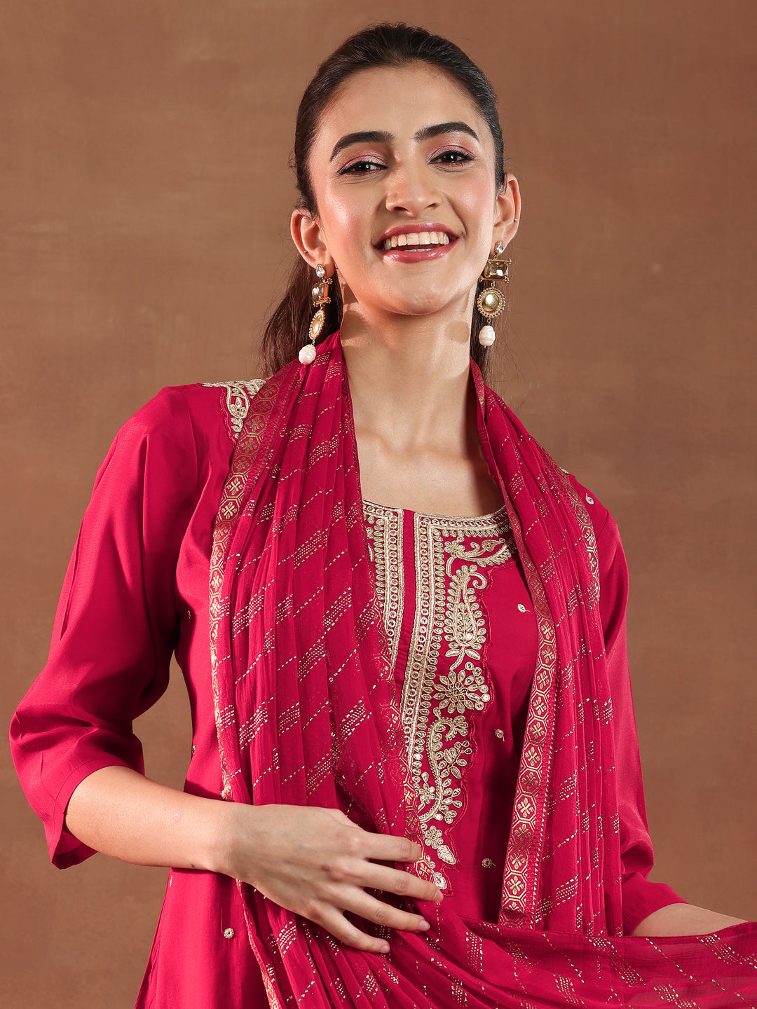 Red Embroidered Silk Blend Straight Suit With Dupatta