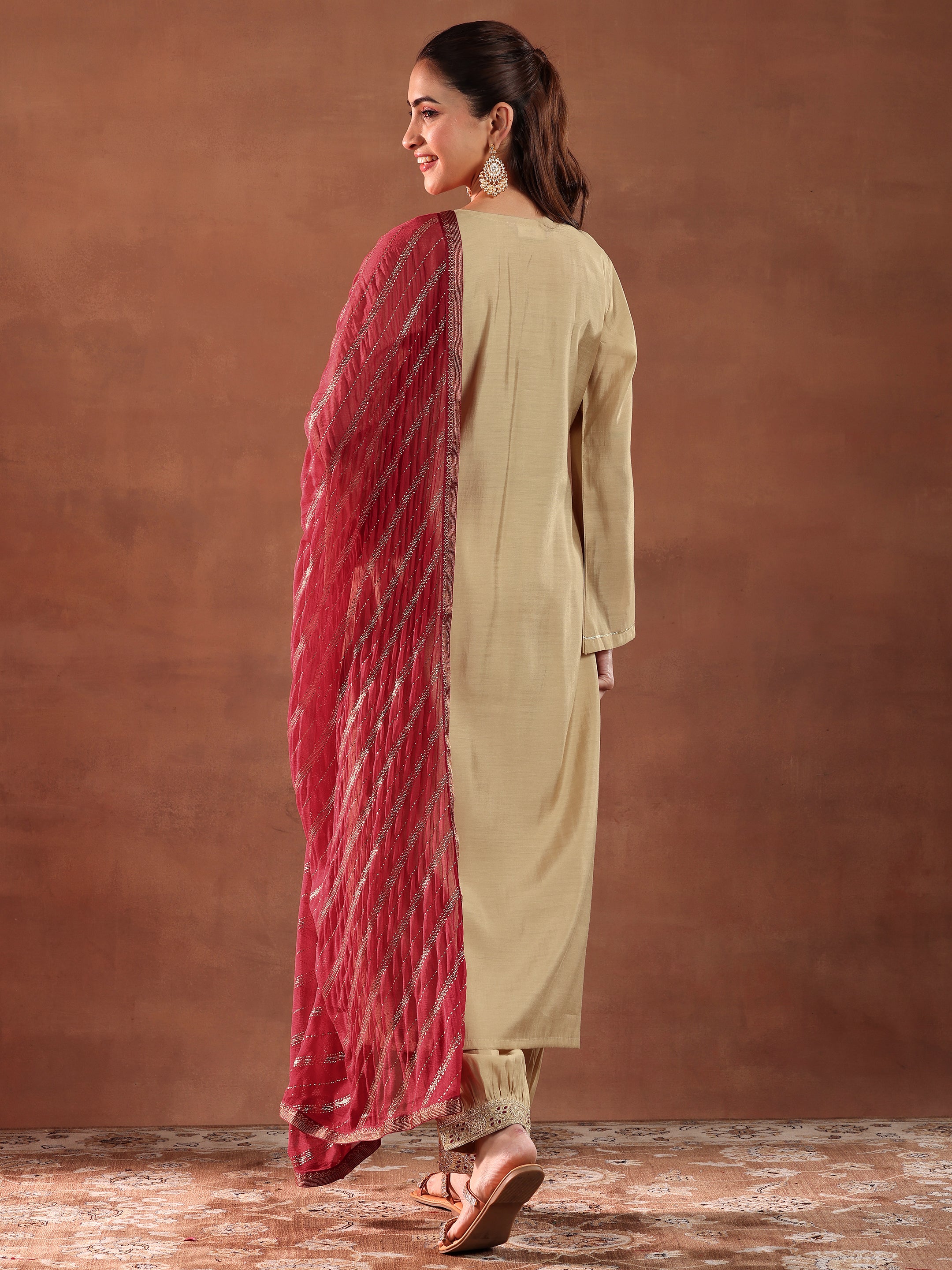 Beige Embroidered Silk Blend Straight Suit With Dupatta