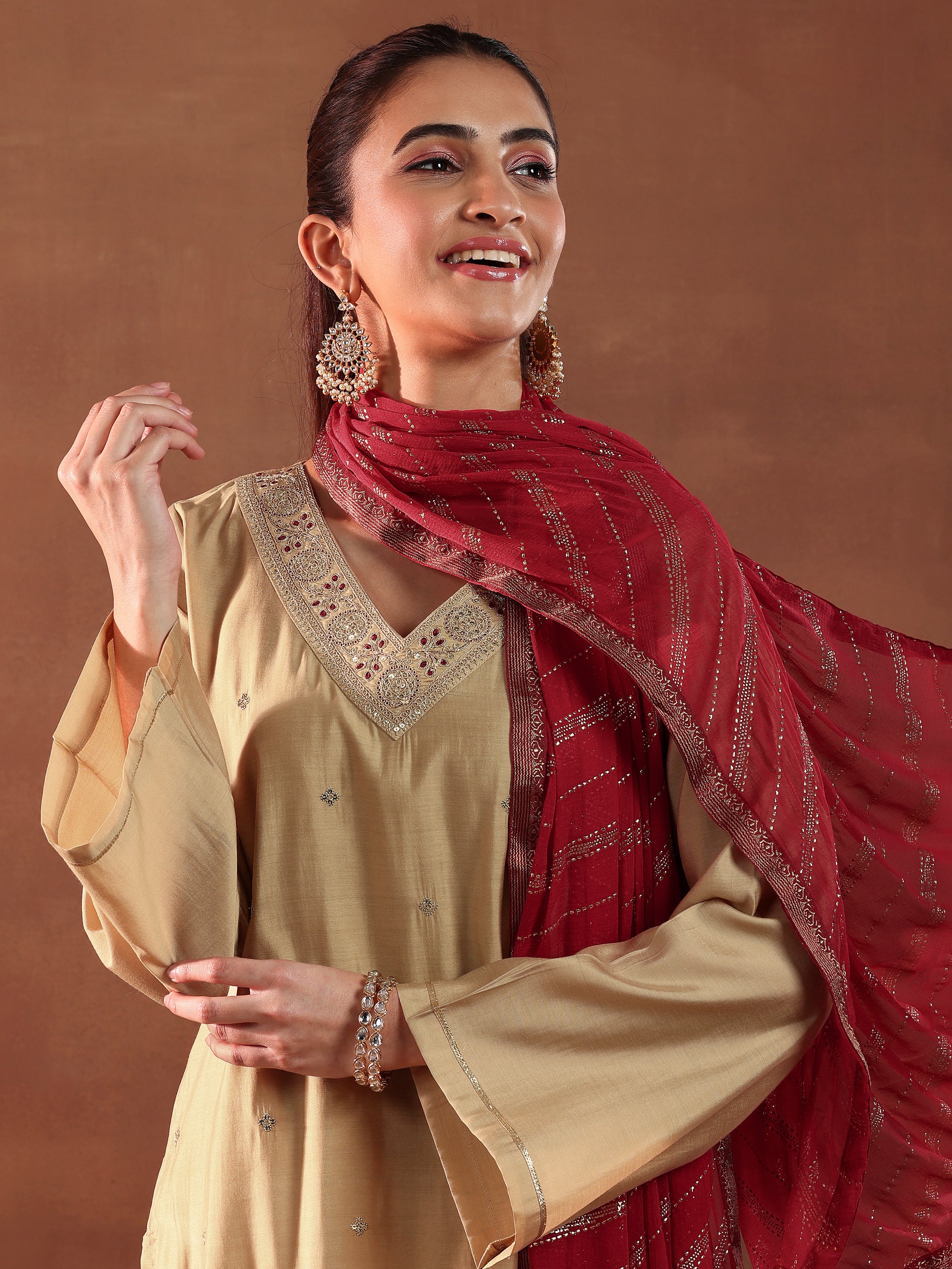 Beige Embroidered Silk Blend Straight Suit With Dupatta