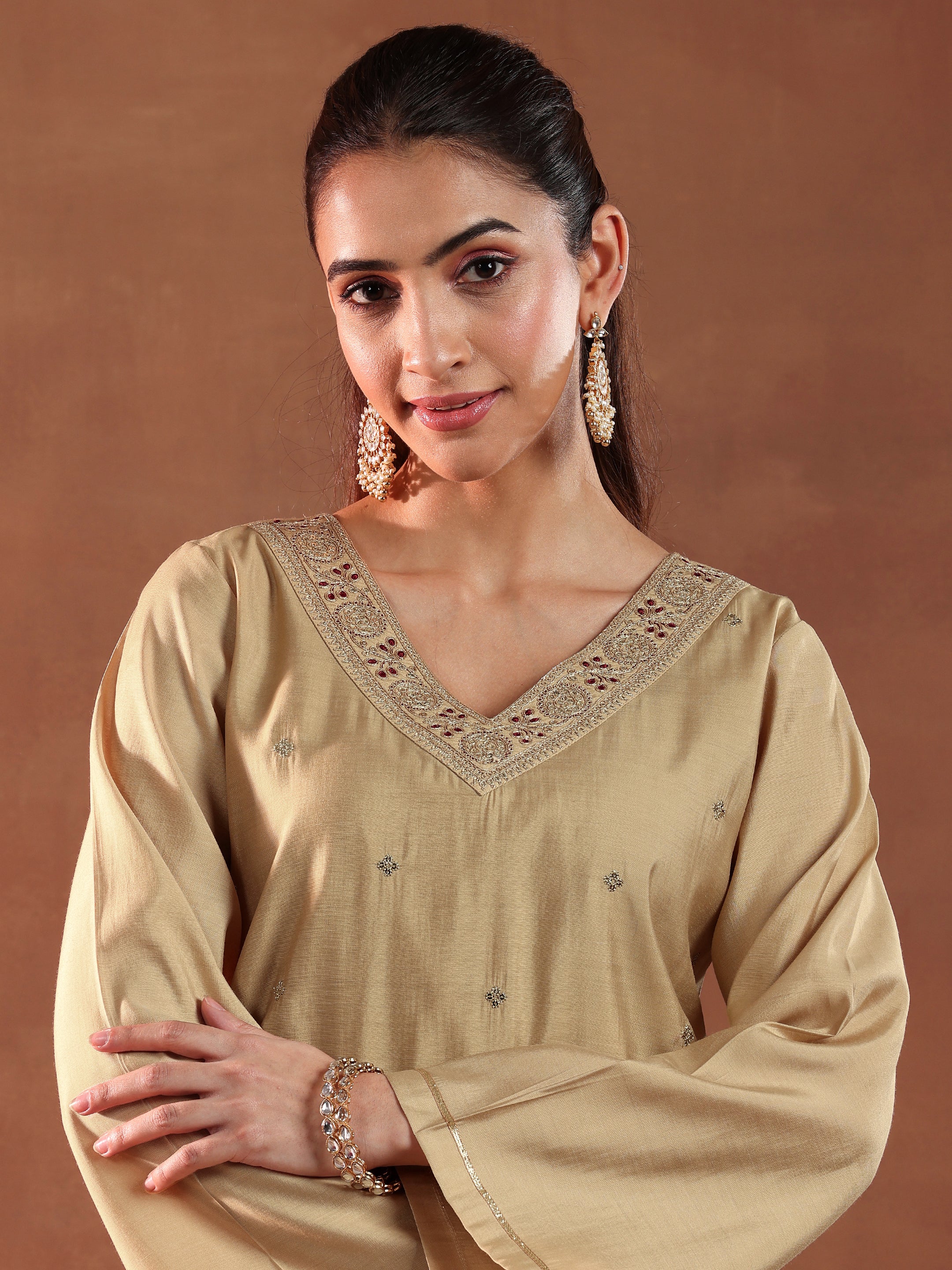 Beige Embroidered Silk Blend Straight Suit With Dupatta