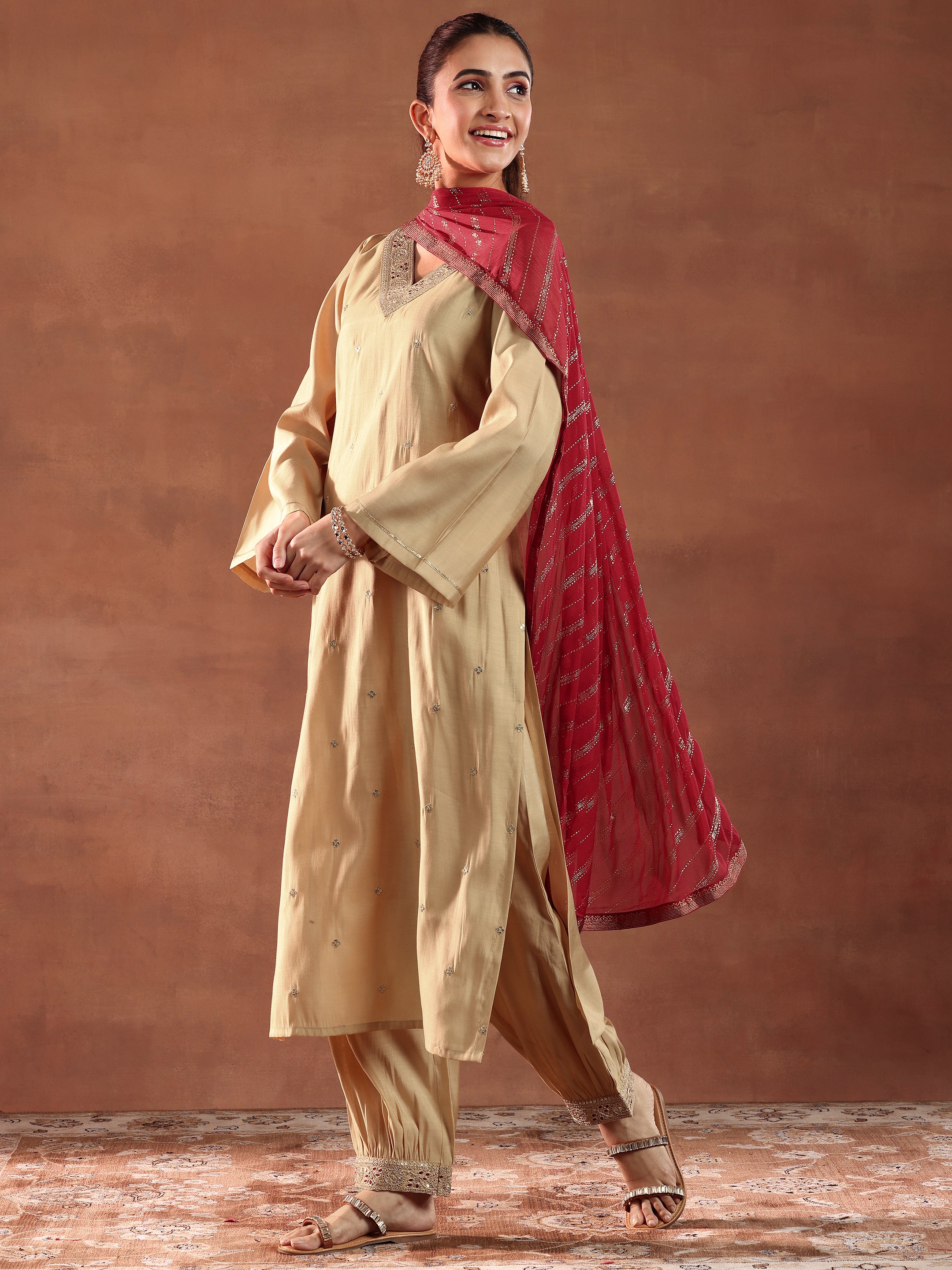 Beige Embroidered Silk Blend Straight Suit With Dupatta