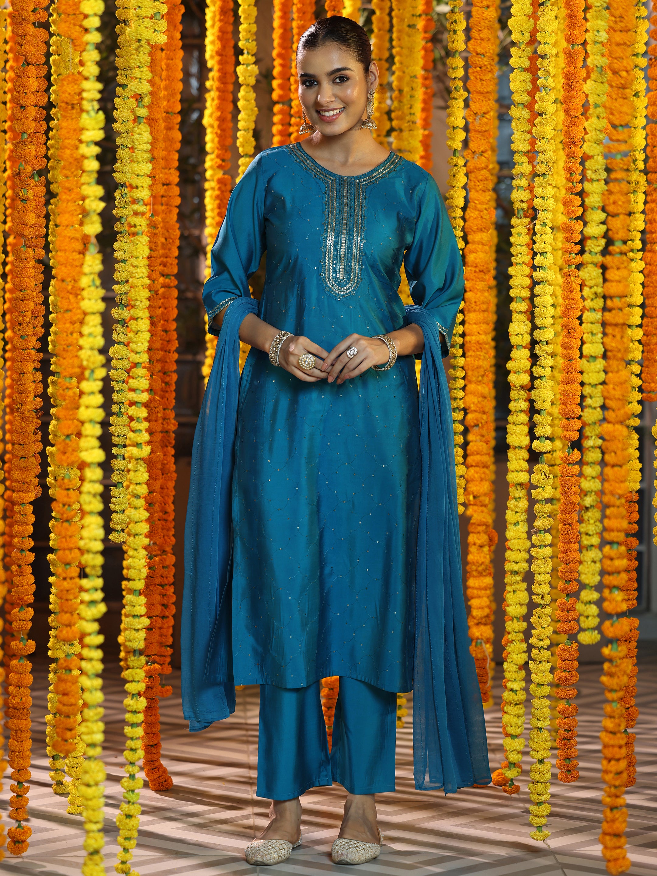 Blue Self Design Silk Blend Straight Suit With Dupatta