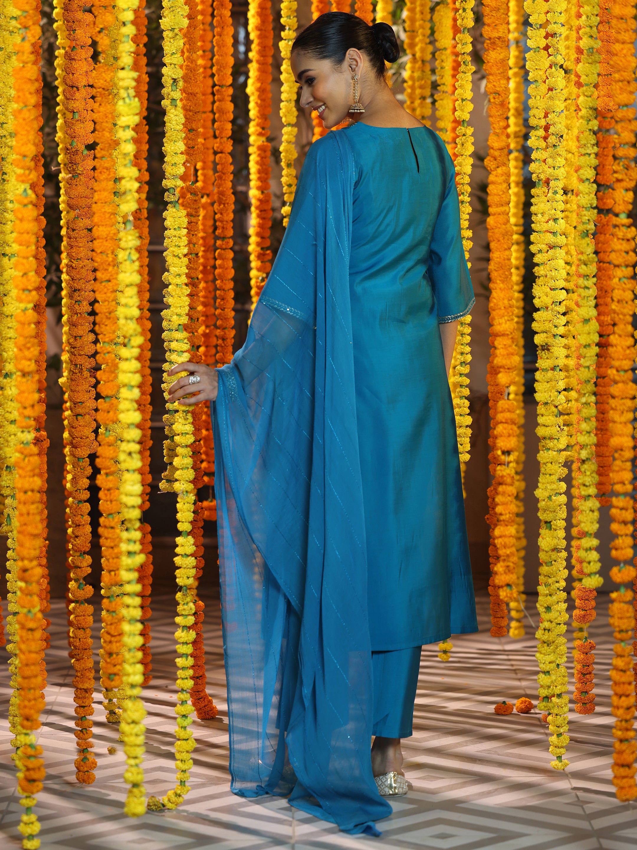 Blue Self Design Silk Blend Straight Suit With Dupatta