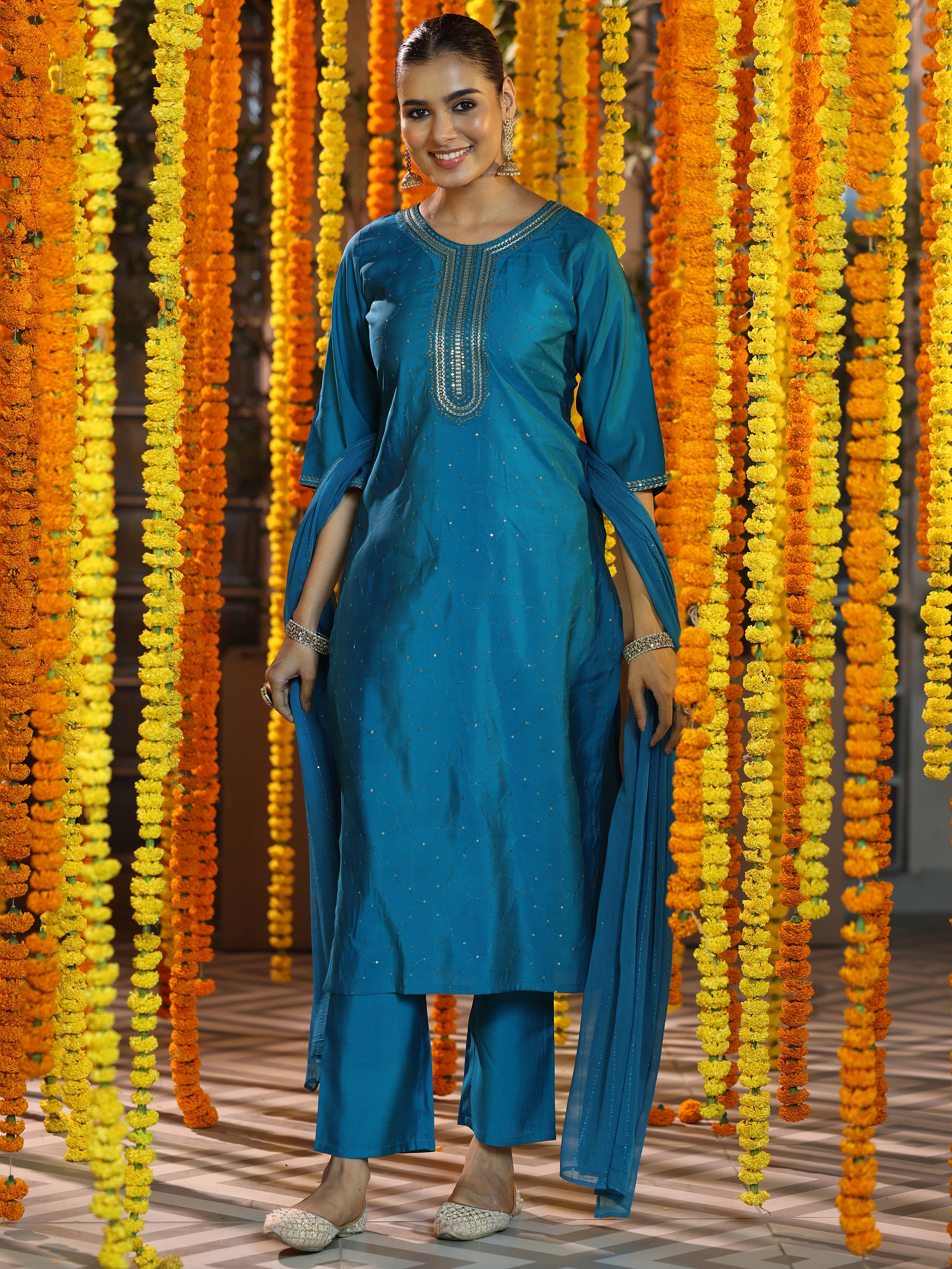 Blue Self Design Silk Blend Straight Suit With Dupatta