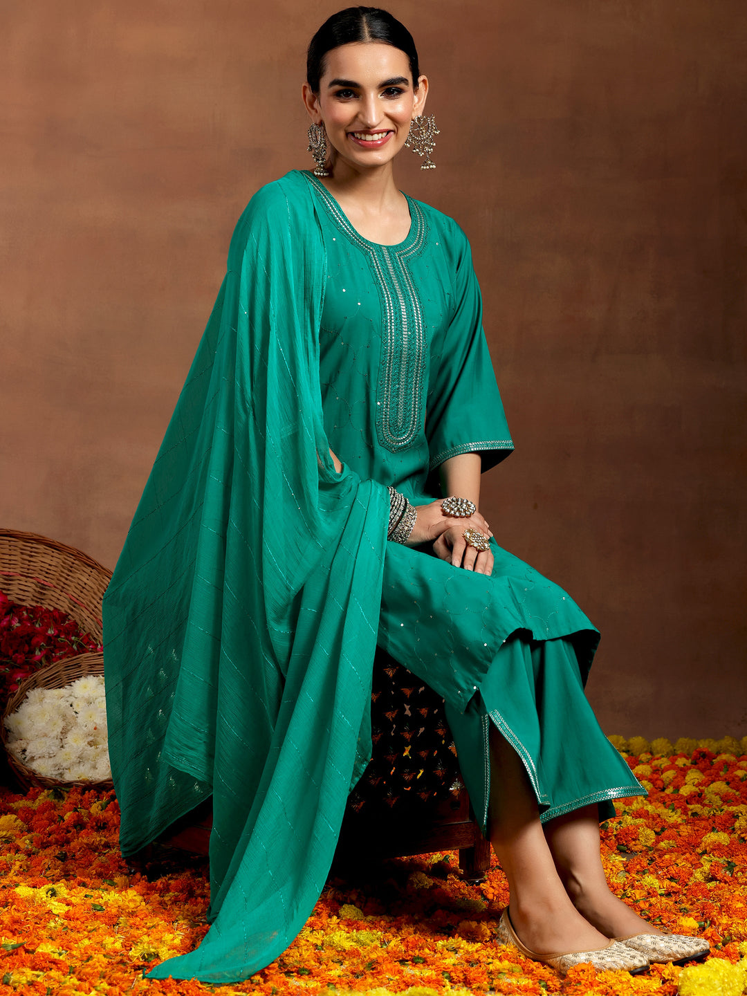 Rama Green Embellished Silk Blend Straight Suit With Dupatta