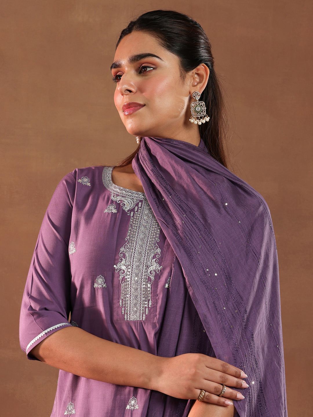 Mauve Embroidered Silk Blend Straight Suit With Dupatta