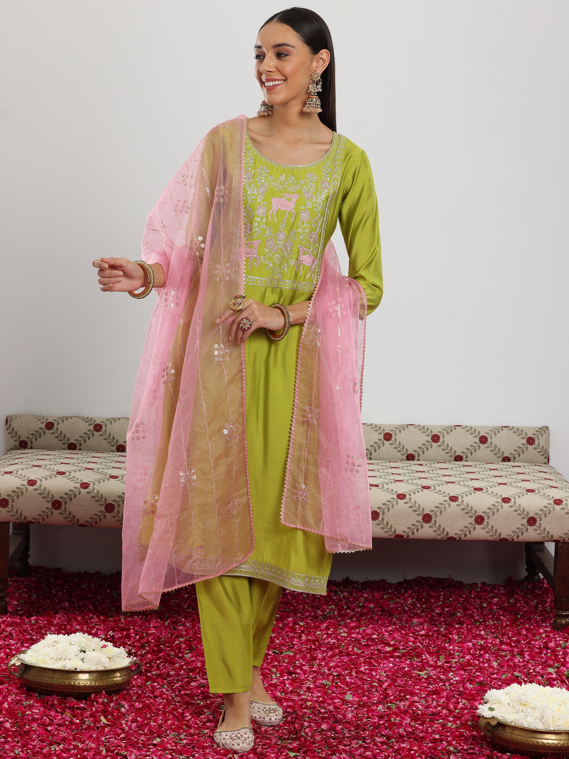 Green Yoke Design Silk Blend Straight Suit With Dupatta