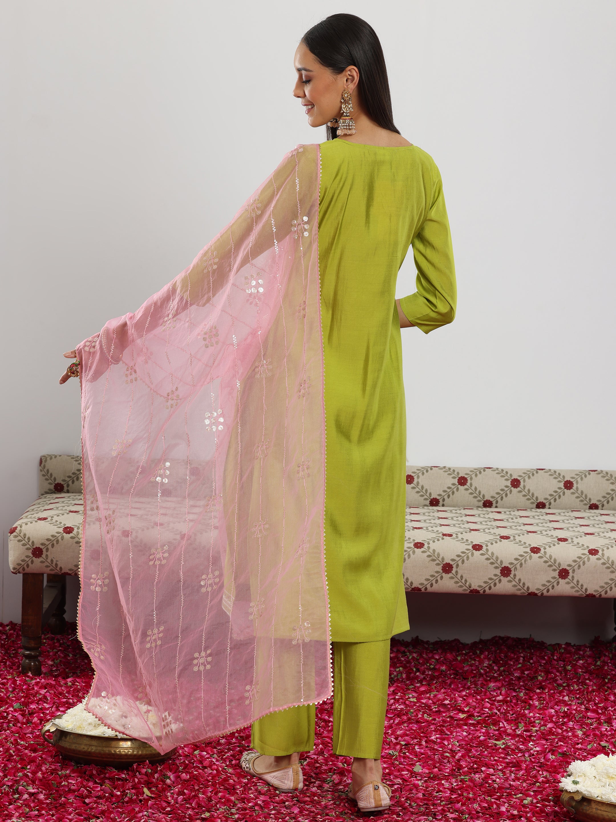 Green Yoke Design Silk Blend Straight Suit With Dupatta