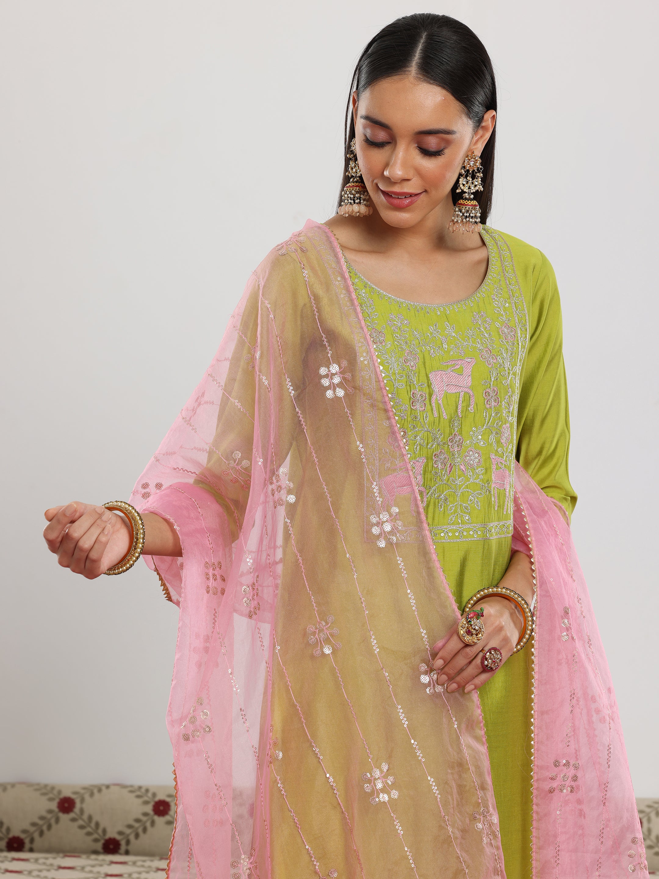 Green Yoke Design Silk Blend Straight Suit With Dupatta