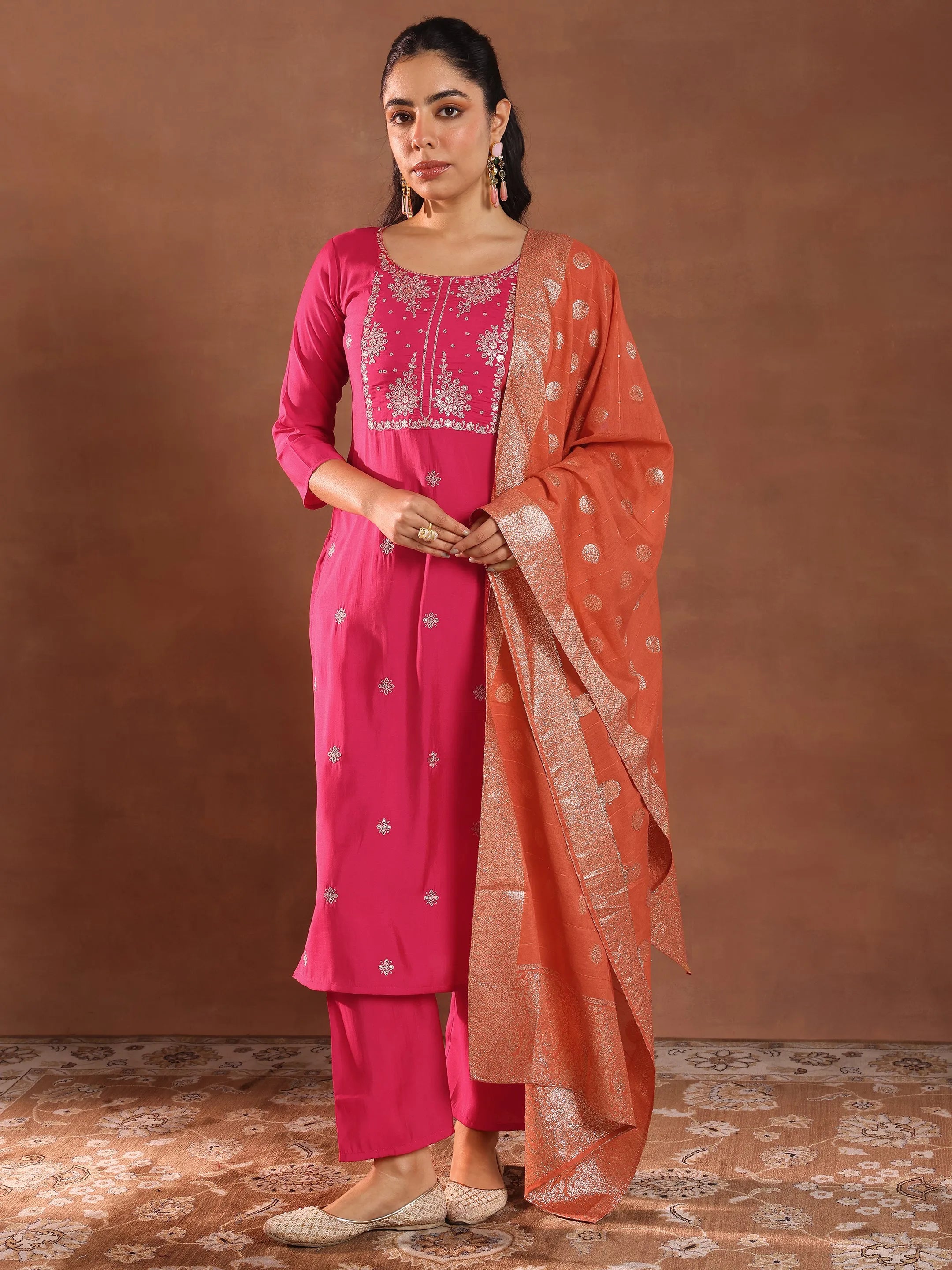 Pink Embroidered Silk Blend Straight Suit With Dupatta