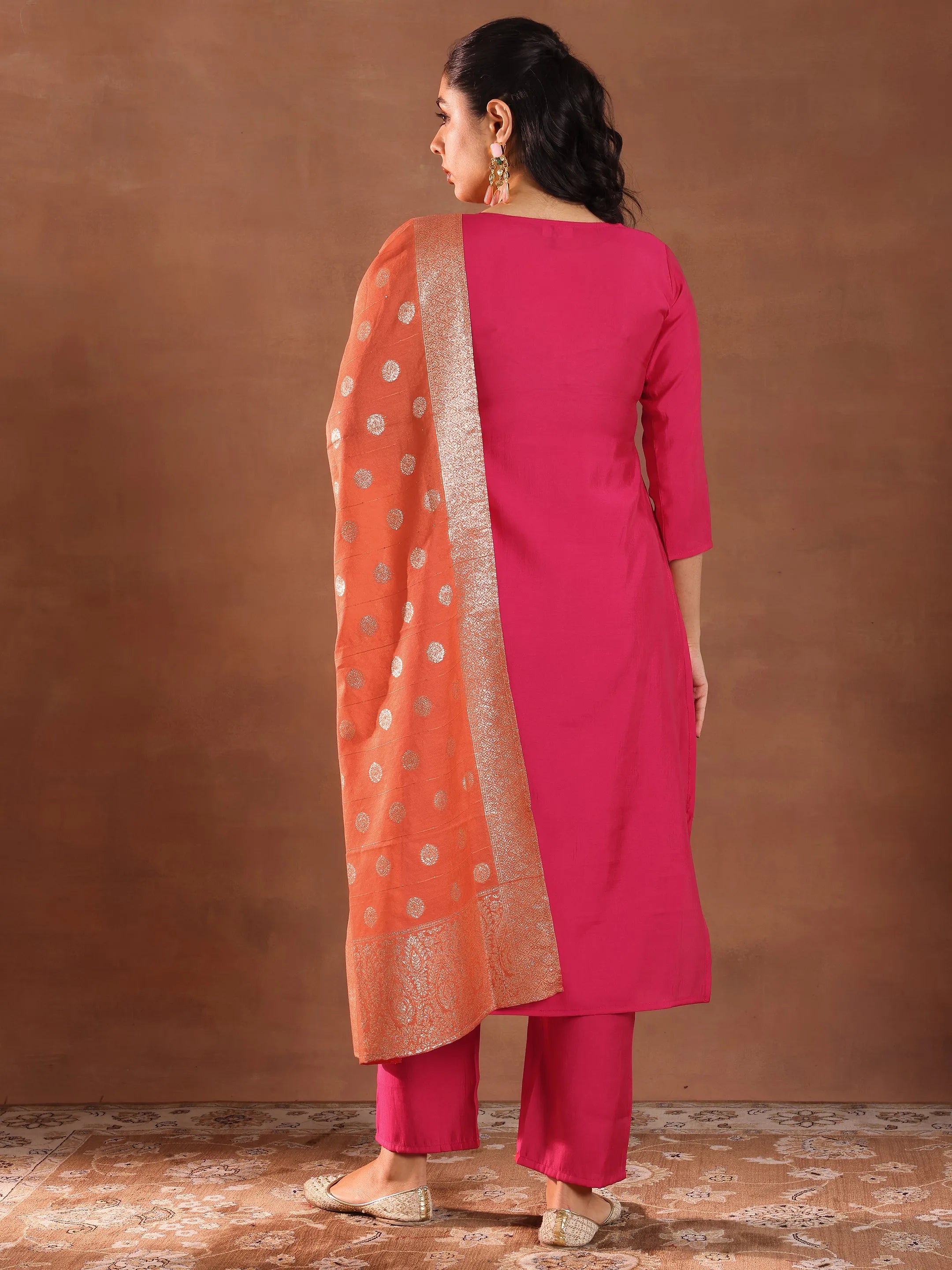 Pink Embroidered Silk Blend Straight Suit With Dupatta