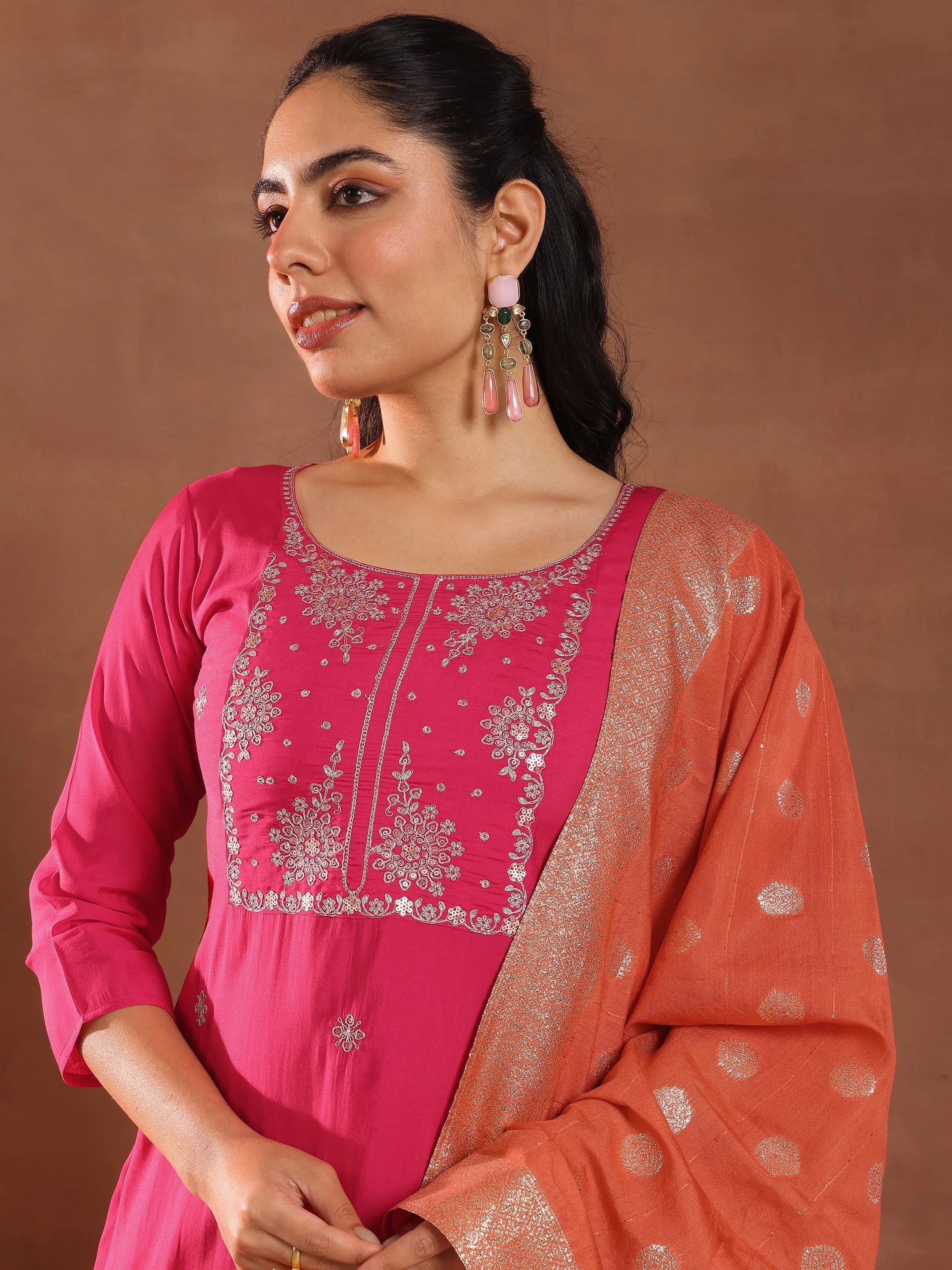 Pink Embroidered Silk Blend Straight Suit With Dupatta