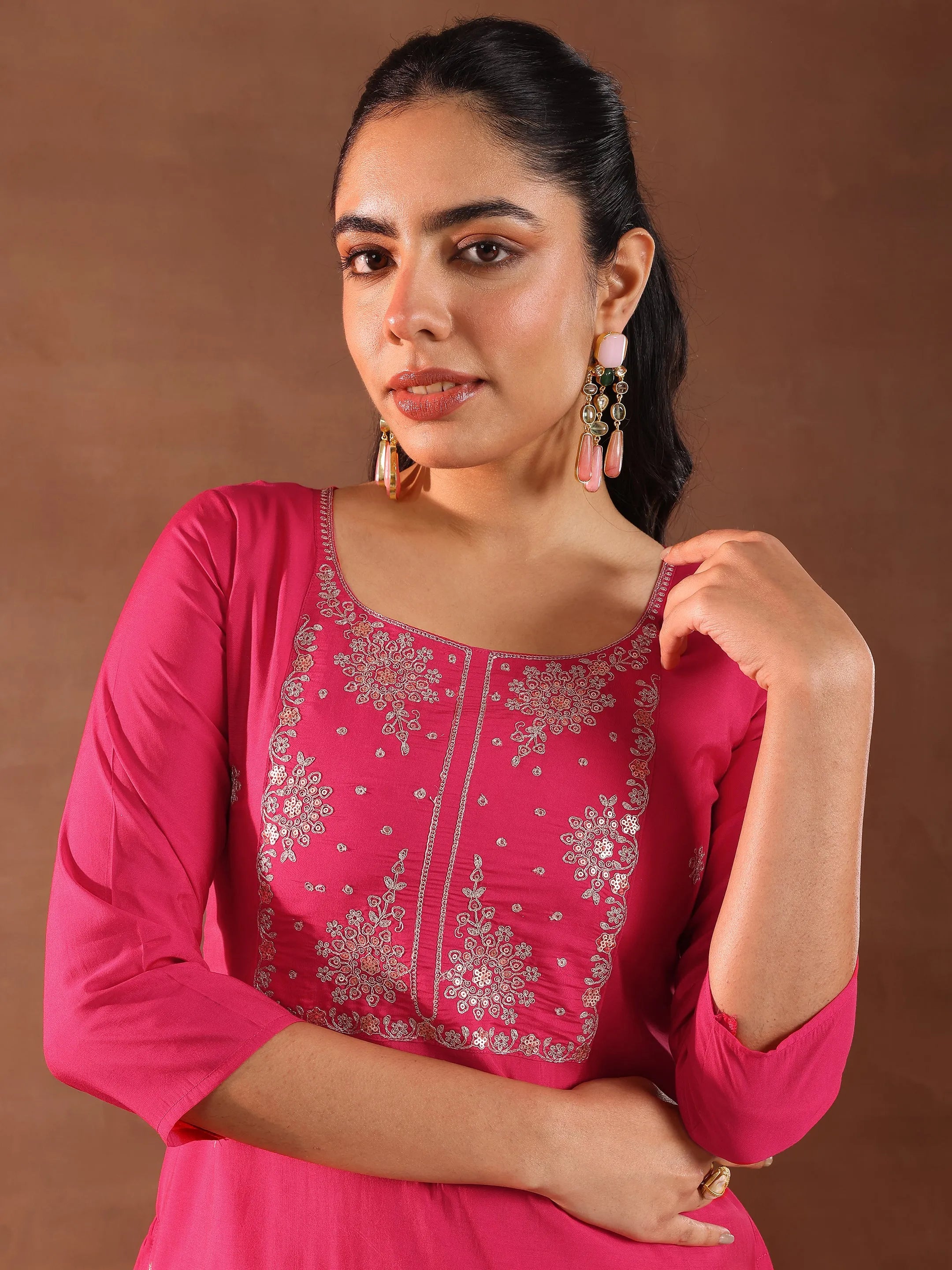 Pink Embroidered Silk Blend Straight Suit With Dupatta