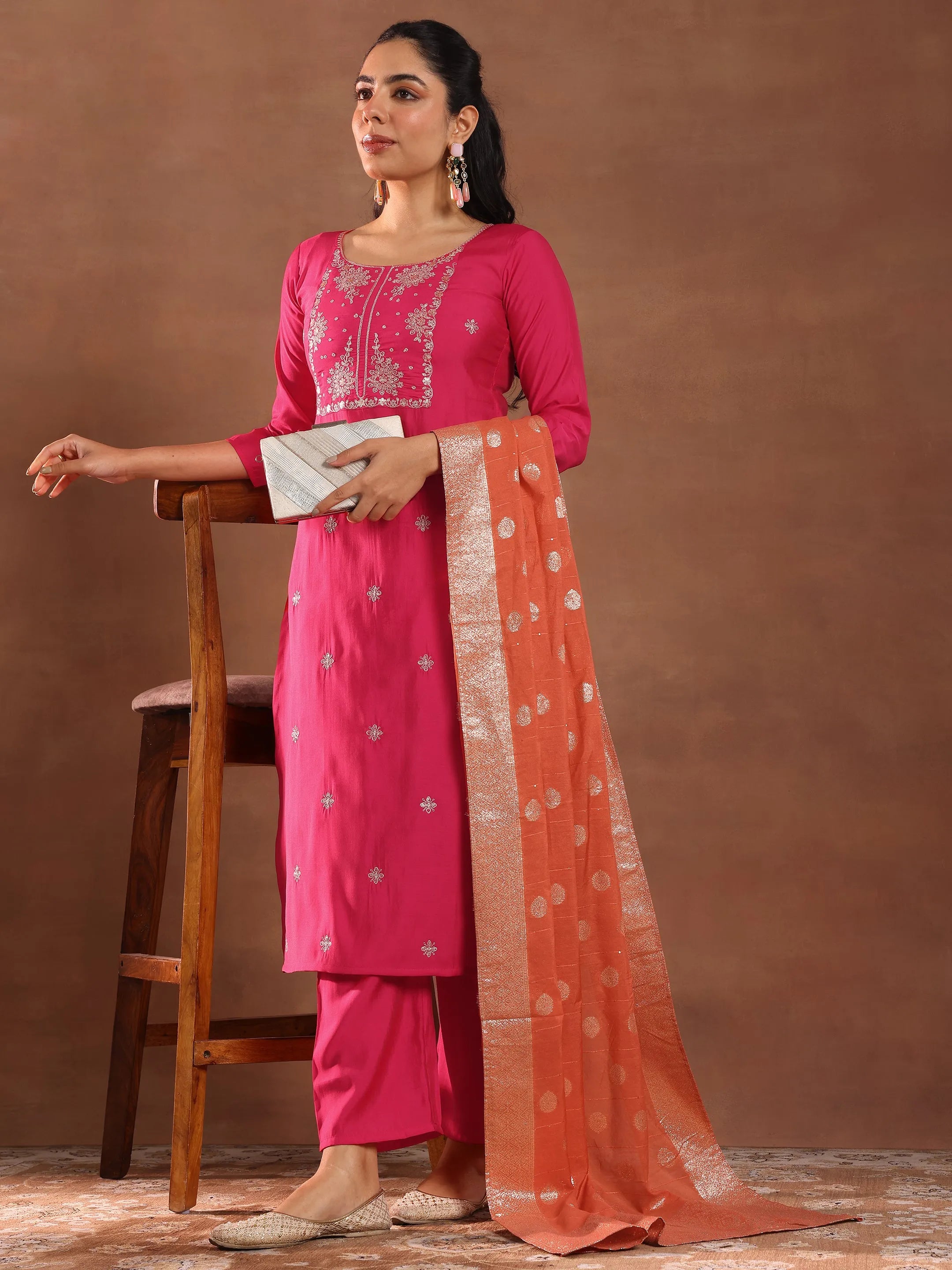 Pink Embroidered Silk Blend Straight Suit With Dupatta