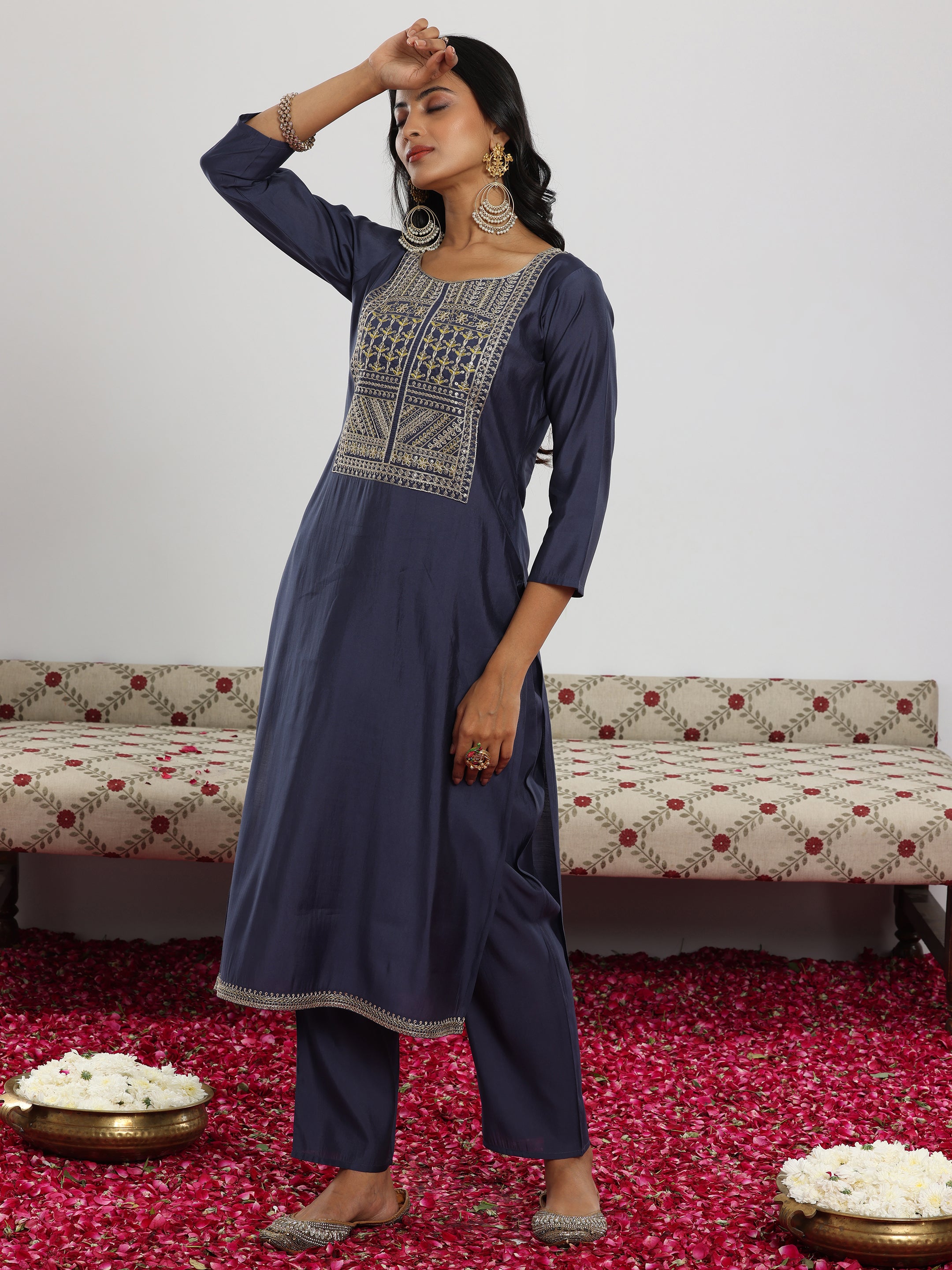 Blue Yoke Design Silk Blend Straight Suit With Dupatta